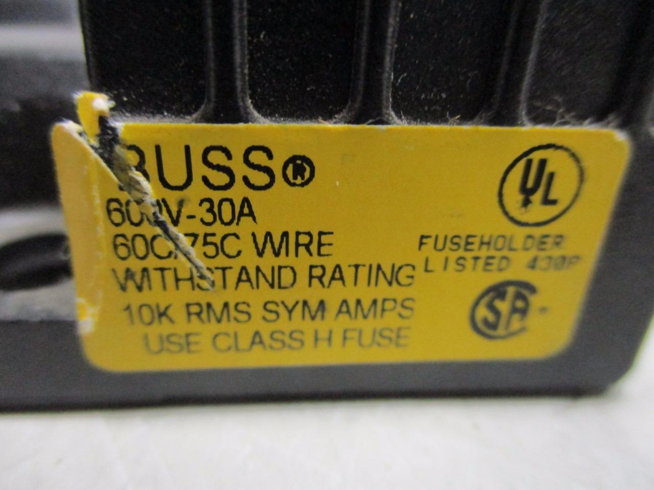 BUSS H60030-3CR Fuse Holder – Class H Fuse, 600V 30A 60C/75C Wire – NEW