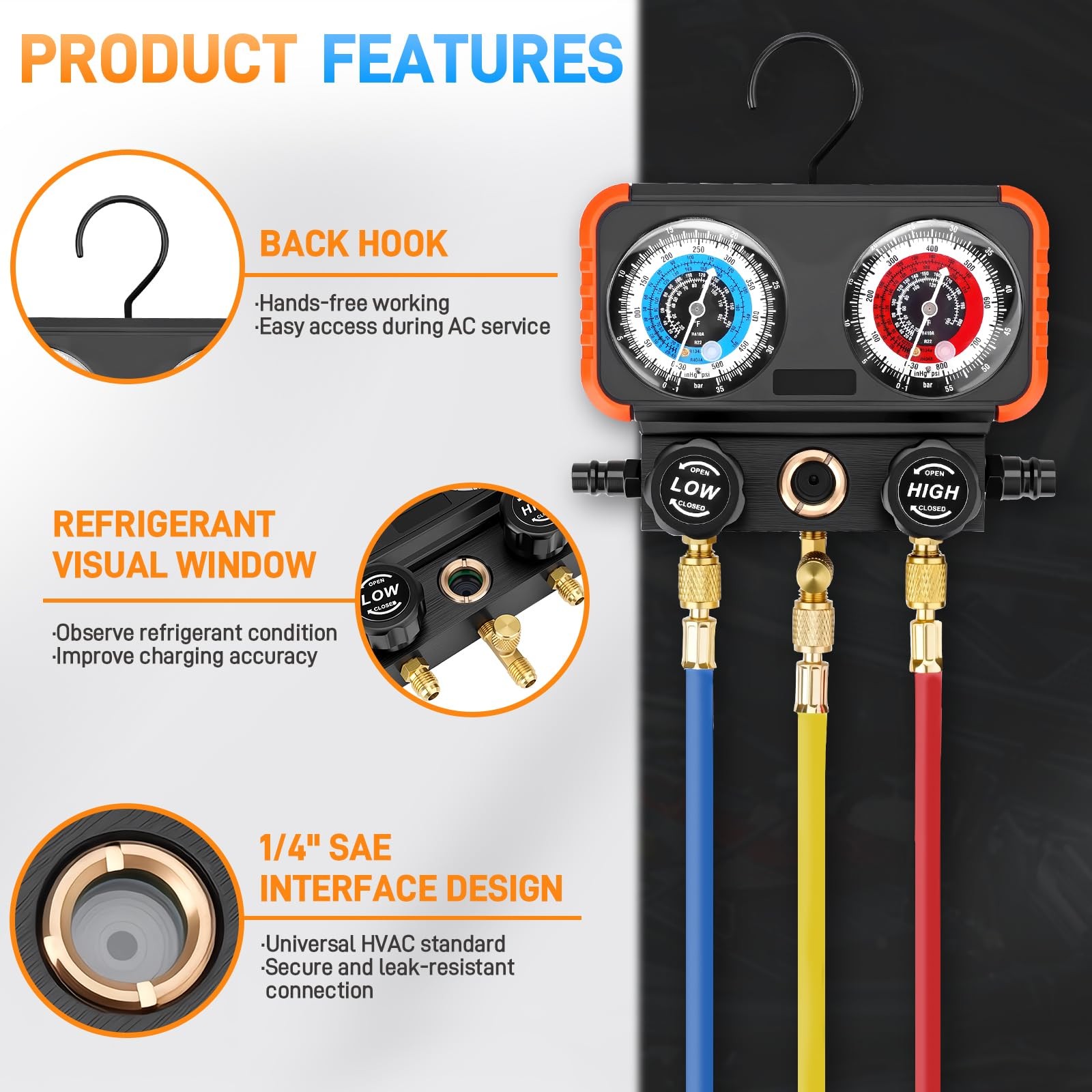AC Manifold Gauge Set 3 Way for R22 R134a R410a Refrigeration Charging