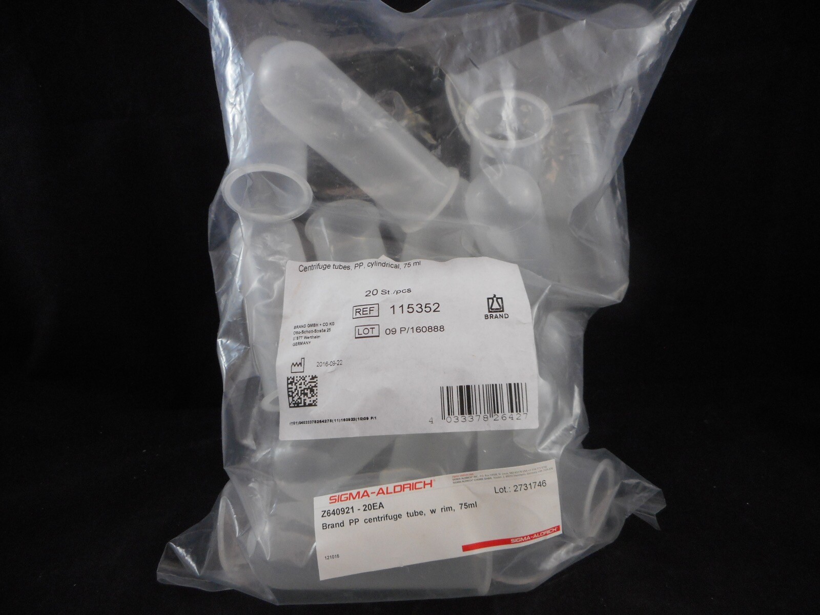 BRAND Plastic 75mL Centrifuge Tubes 100 x 35mm 5000 x g with Rim 115352 20/PACK
