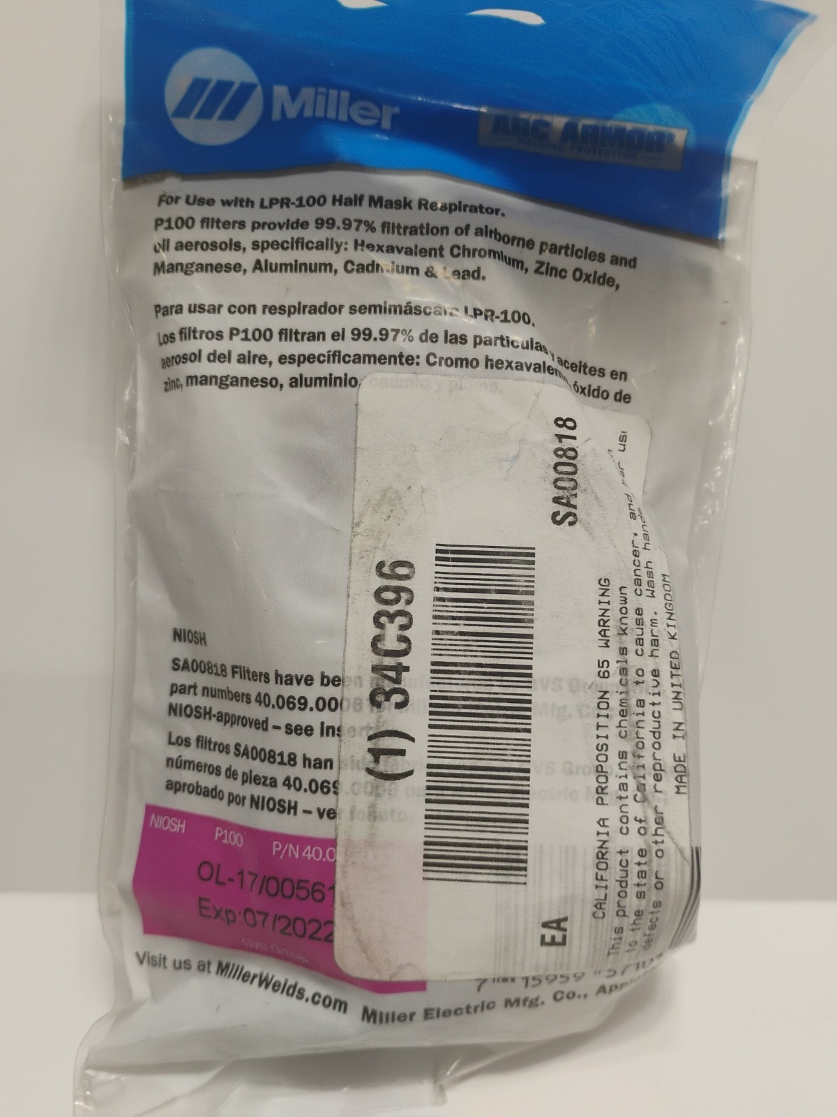 Miller SA00818 2-Pack Replacement Cartridges P100 Filters Respirator Exp. 7/2022