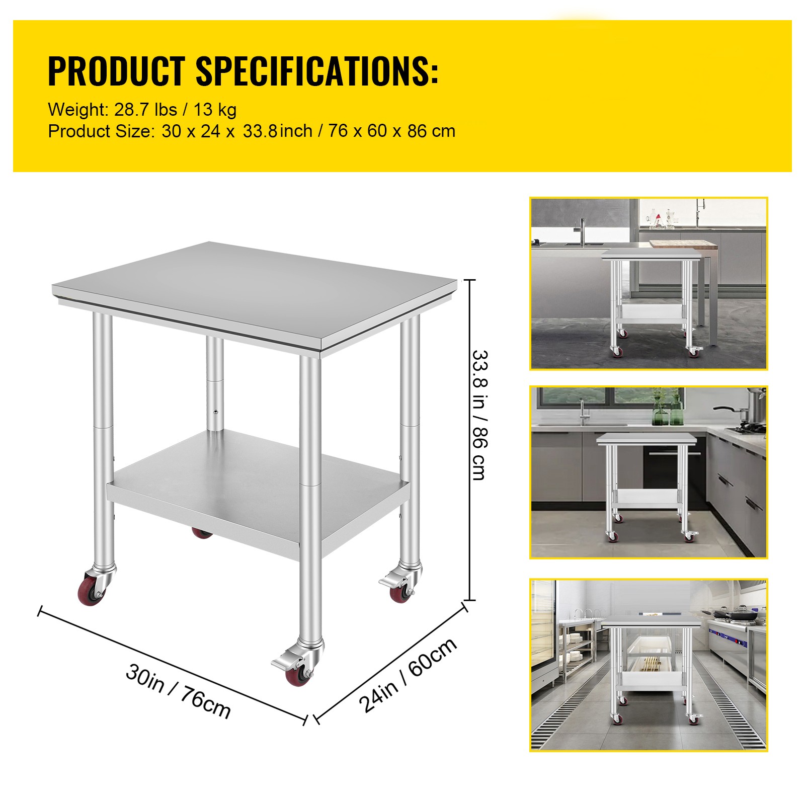 VEVOR Stainless Steel Work Table with Wheels 24×30 Inch Kitchen Food Prep Table