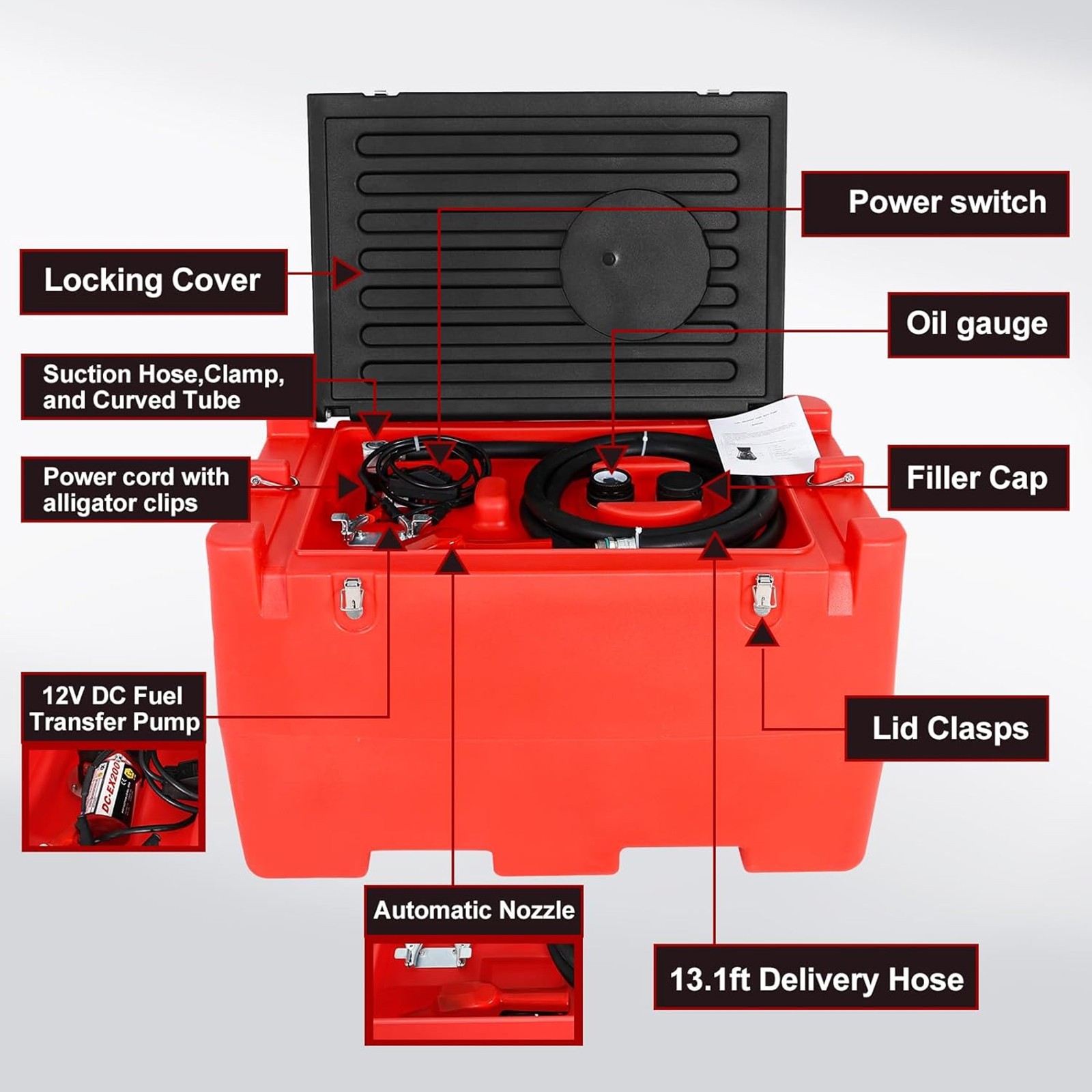 Portable Fuel Tank 50 Gallon 12V 8GPM Electric Transfer Pump&Auto Fueling Nozzle