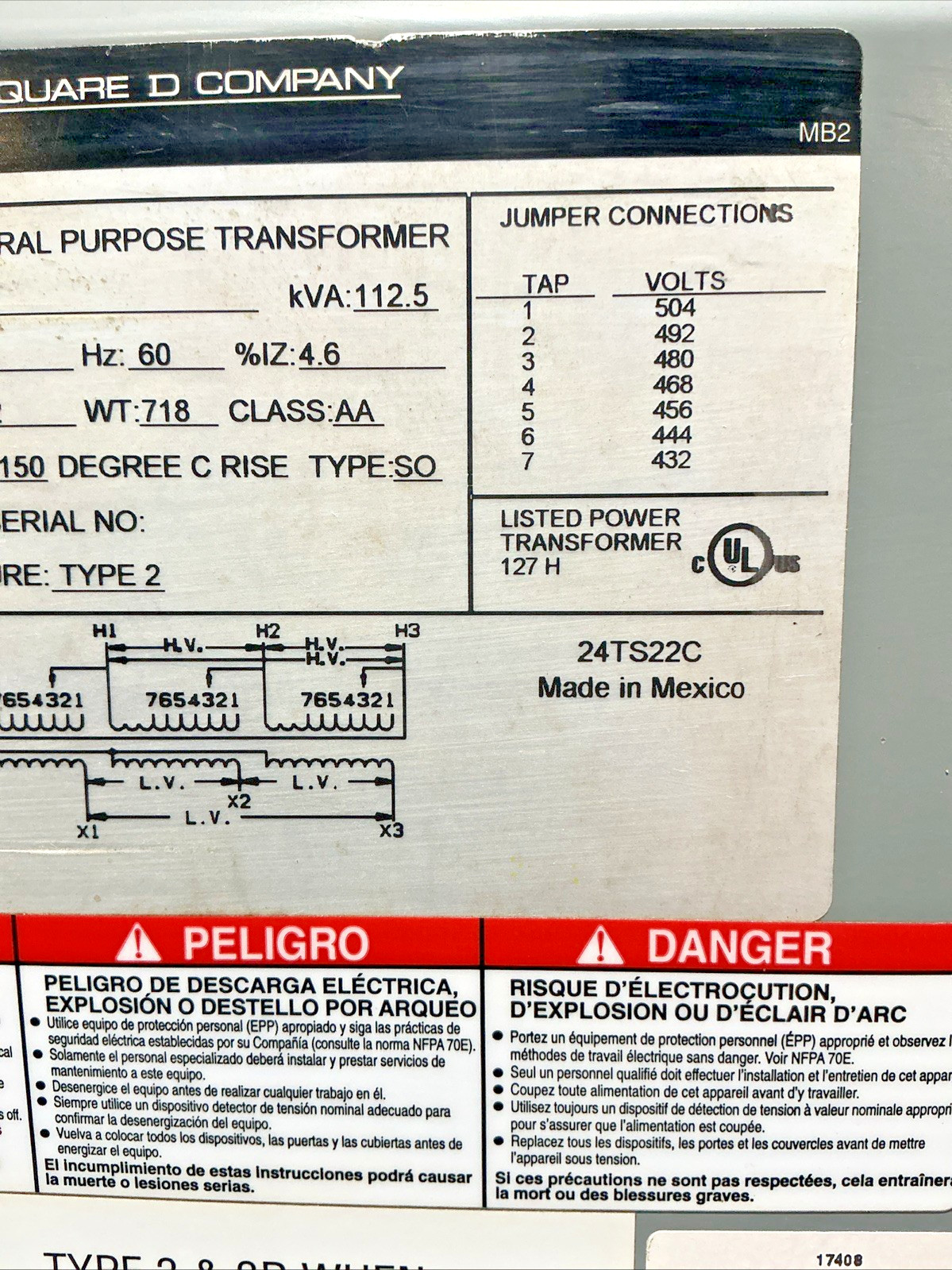 Square D 112.5kVA 480V Type 2 Transformer 3PH 60HZ 208Y/120V 112T3H 🟦