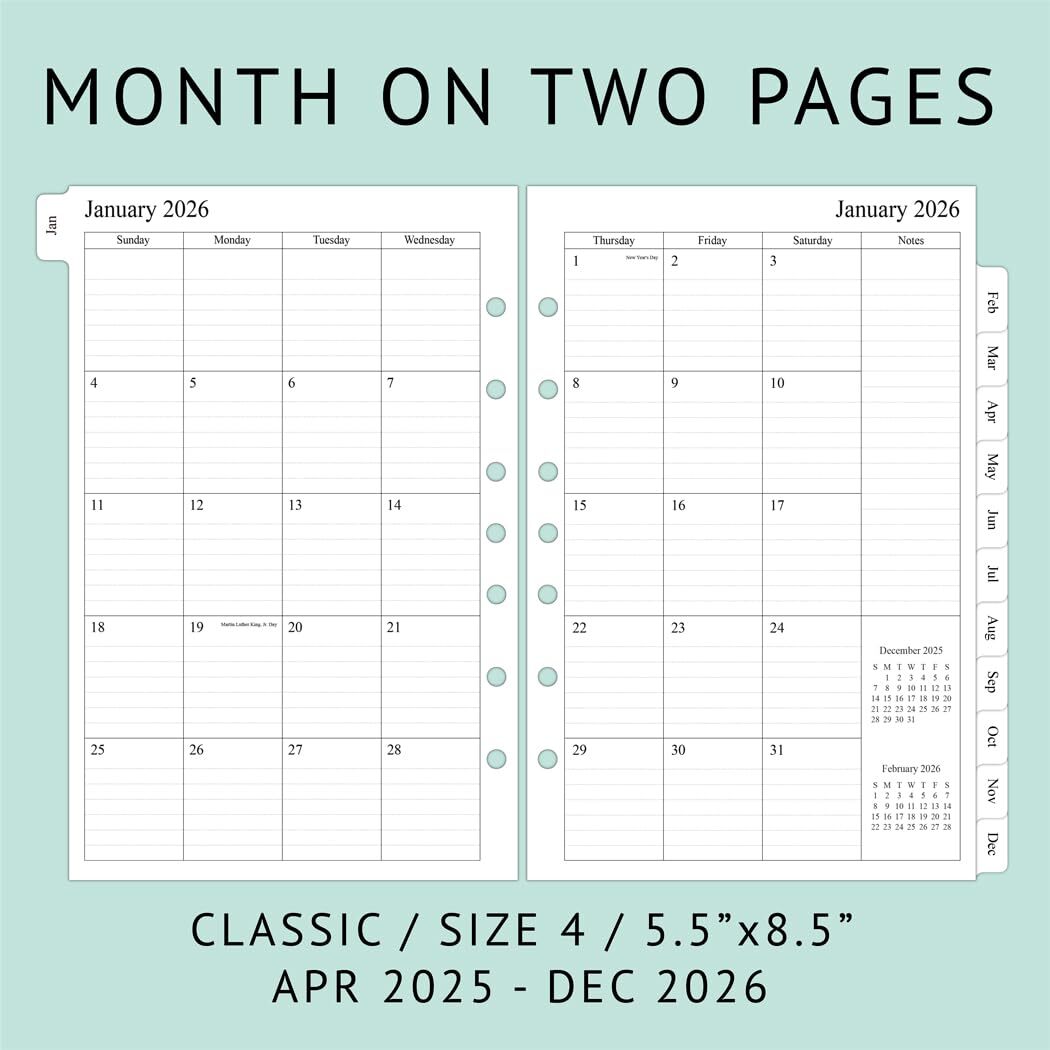 2025-2026 Monthly Planner Refills 5.5 x 8.5 Inch for 3 Ring or 7 Ring Binders