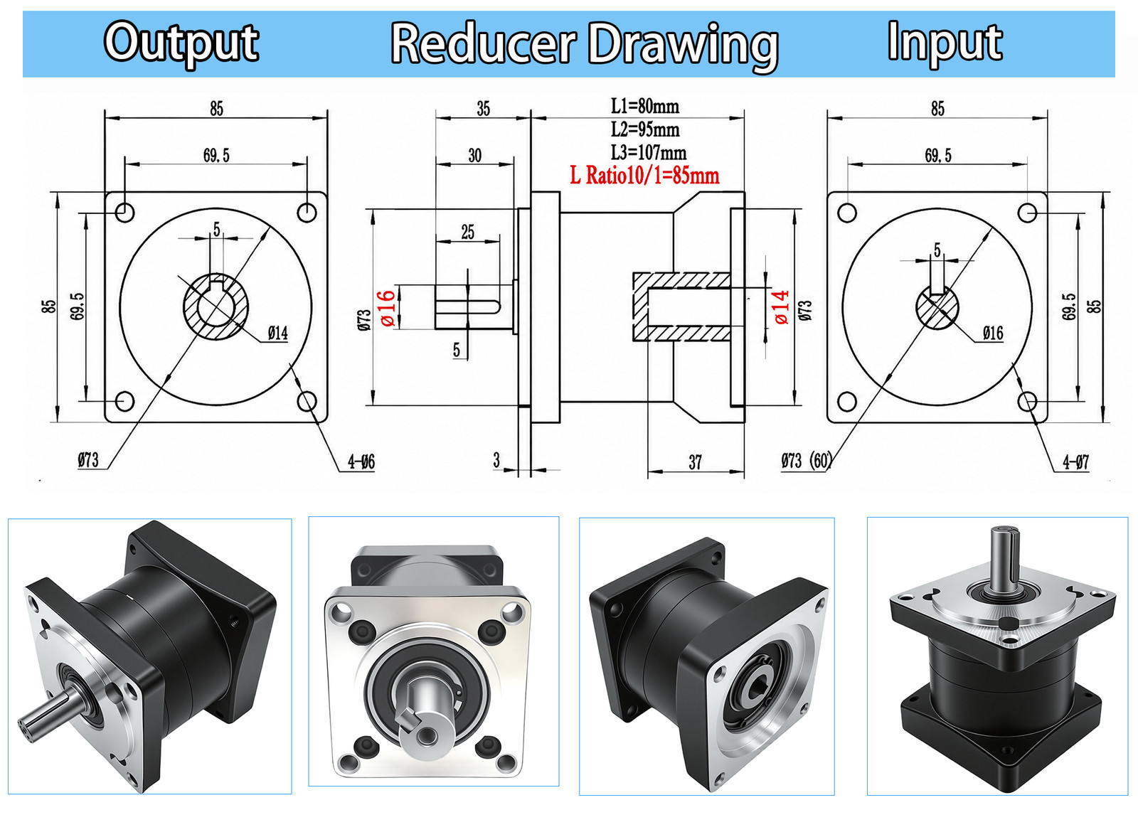 Planetary Reducer Gearbox 14mm input 16 output for Nema 34 86 Stepper Motor CNC