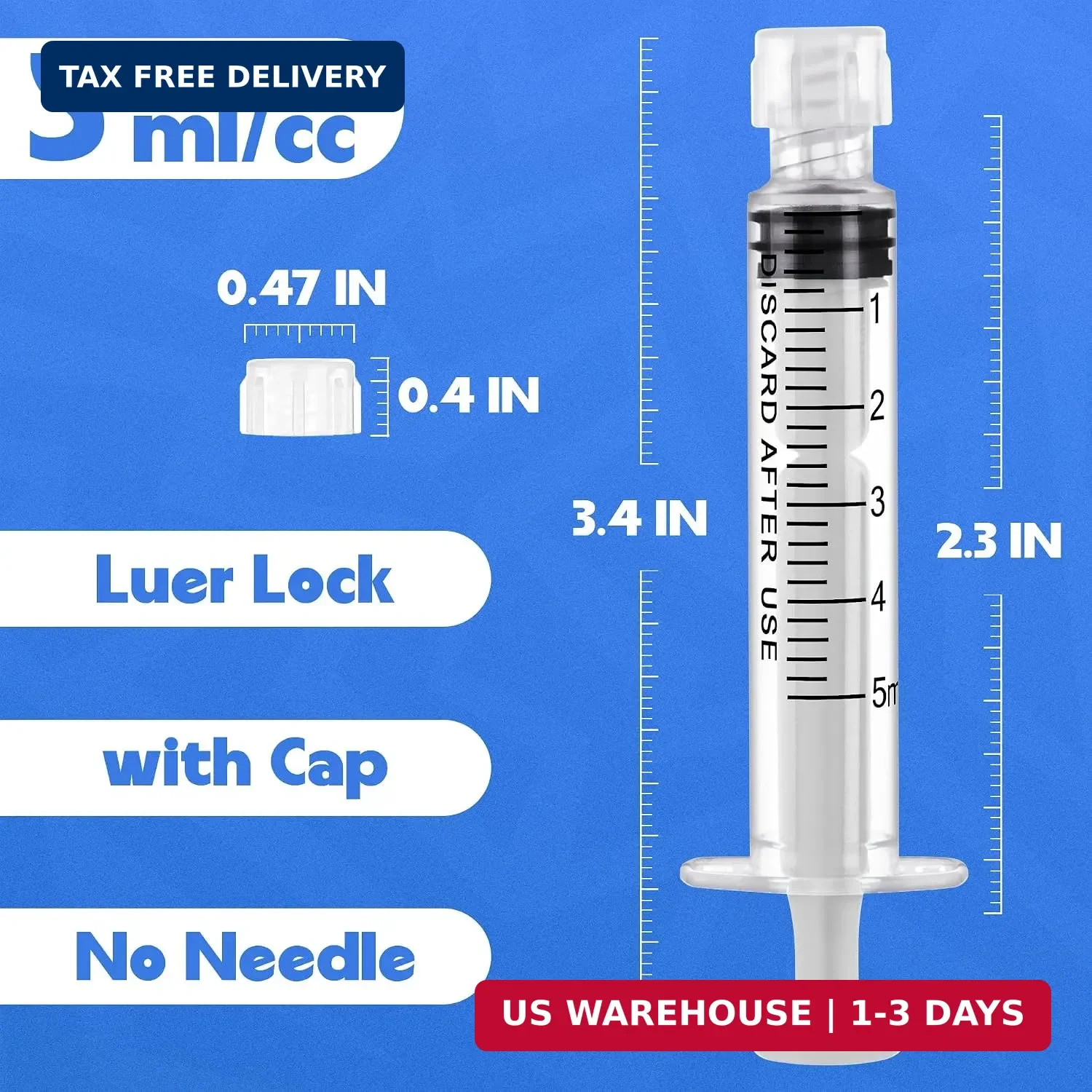 5mL Luer Lock Syringes without Needle – Sterile Syringe with Cap, 10 Pack | Indi