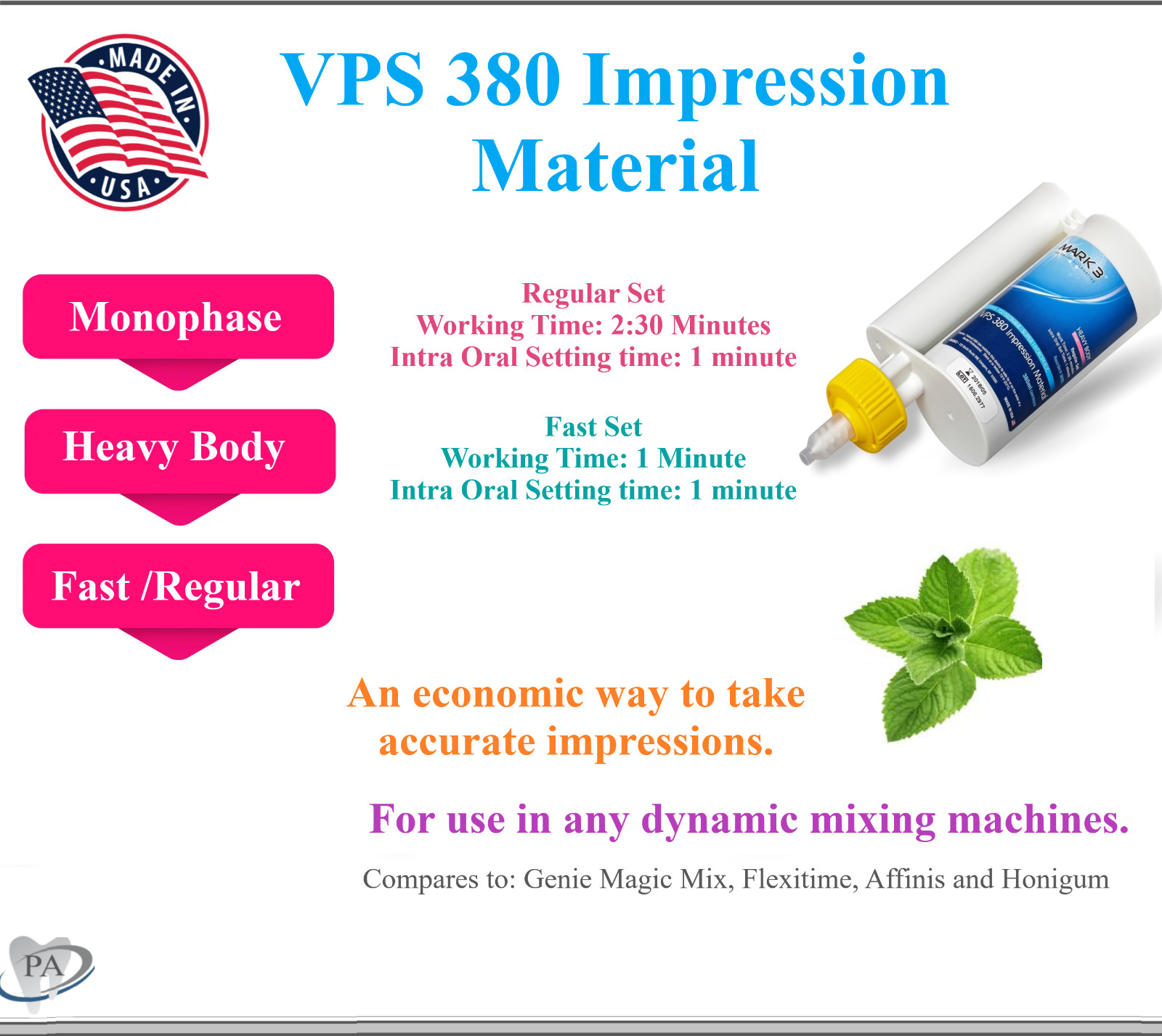 Dental Virtual 380 VPS Impression Material Heavy Body Fast Set or Regular Set
