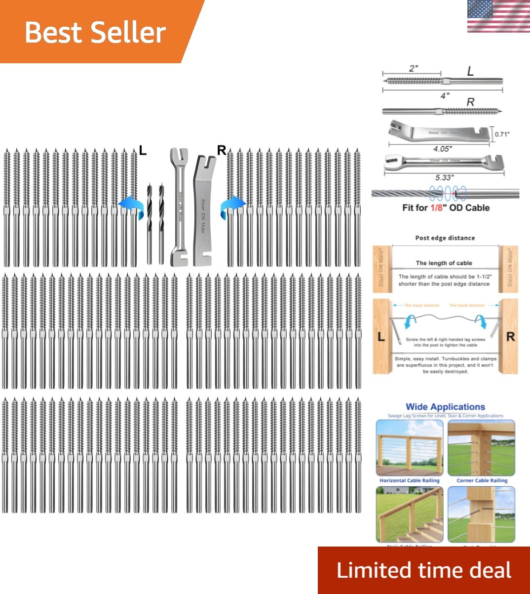 120 Pack T316 Stainless Steel Left&Right Handed Thread Swage Lag Screws for W…