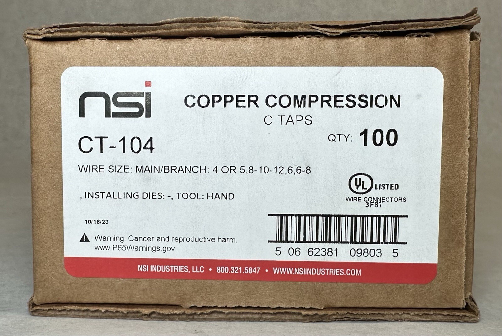 NEW (100-Pack) NSI CT-104 Copper Compression C-Tap Connector 4 AWG – 6 AWG (Run)