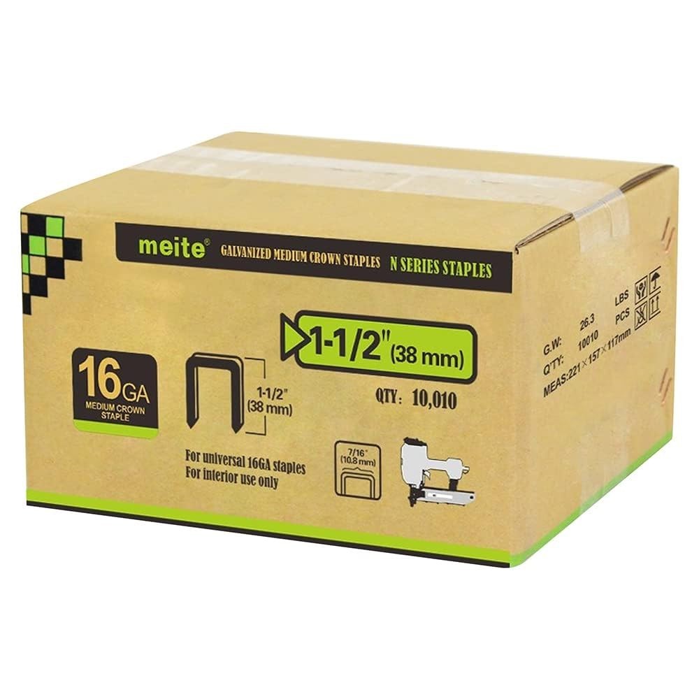 meite 16 Gauge 7/16″ Crown Staples Galvanized 1-1/2″ N-Style Staples 10,010/Case