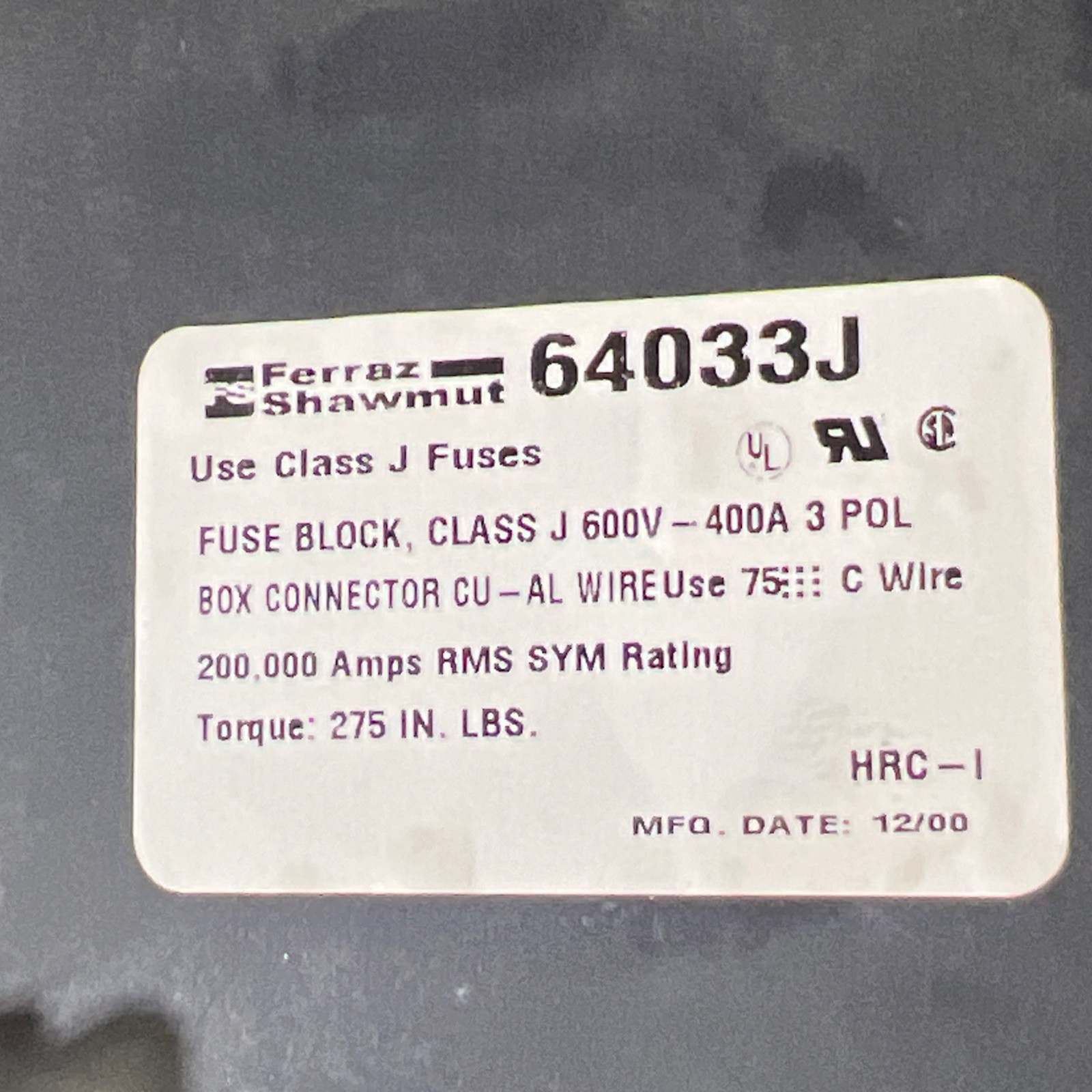 🔥Ferraz Shawmut 64033J Fuse Block 3P 600V 400A Class J, Used, Free Shipping🇺🇸