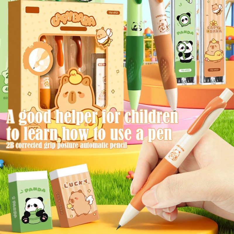 Panda/Capybara Cartoon Automatic Pencil Set – Four Pens + Refill Leads + Eraser