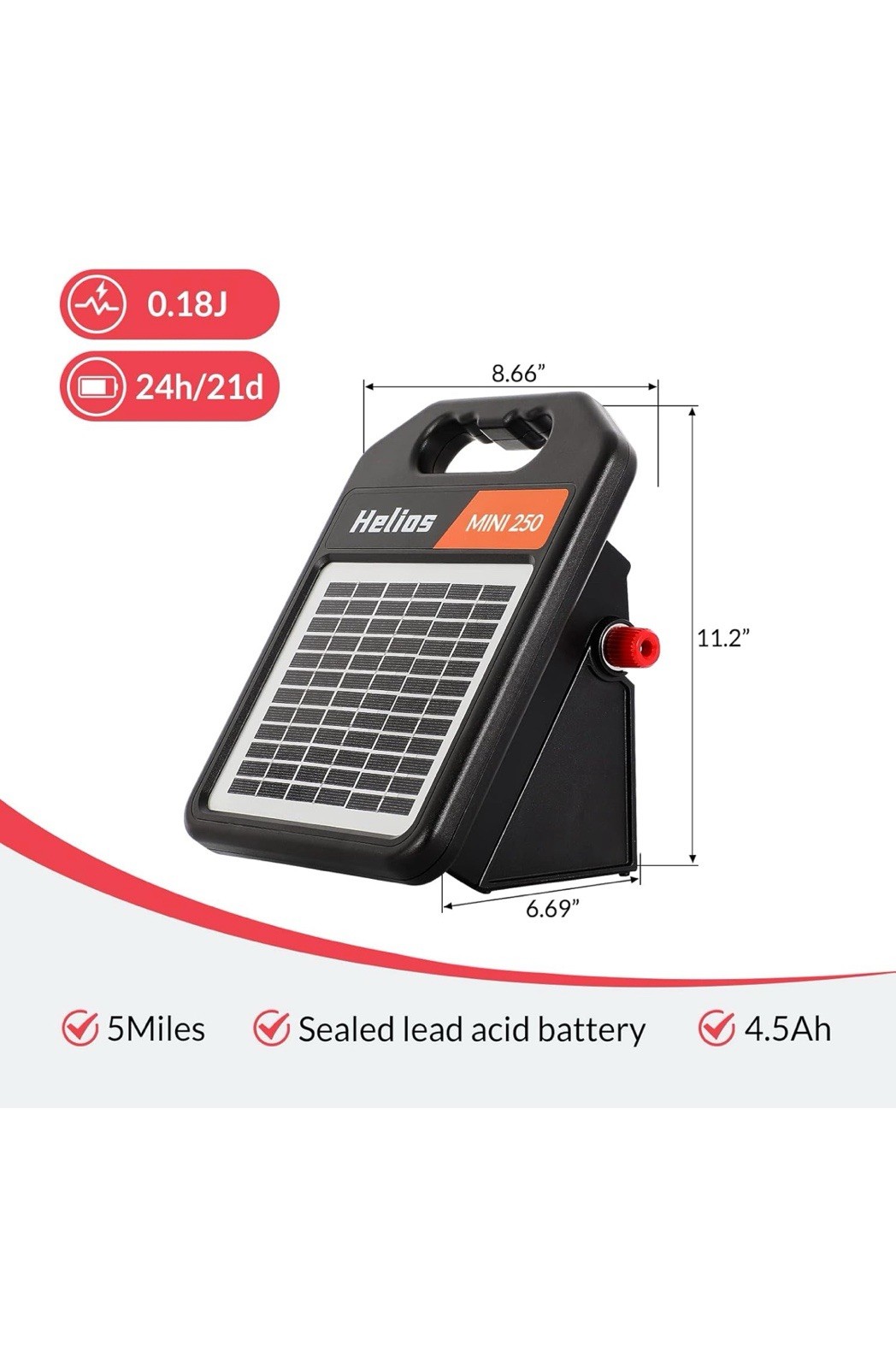 MINI250 Solar Fence Charger, 0.18J, Day/Night Mode, Portable Electric Energizer