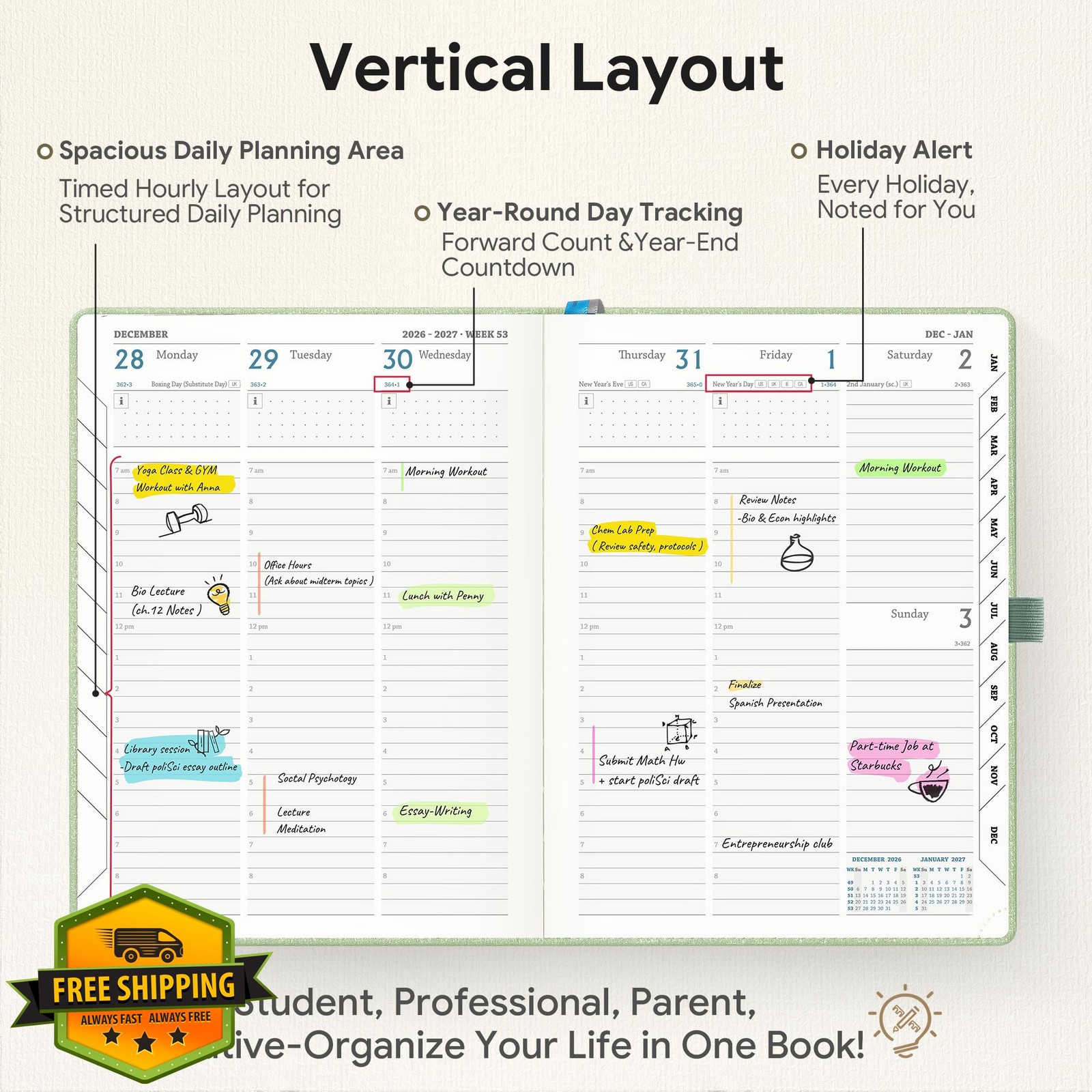 In-Luxpro 2026-2027 Planner Green Textured Fabric Hardcover