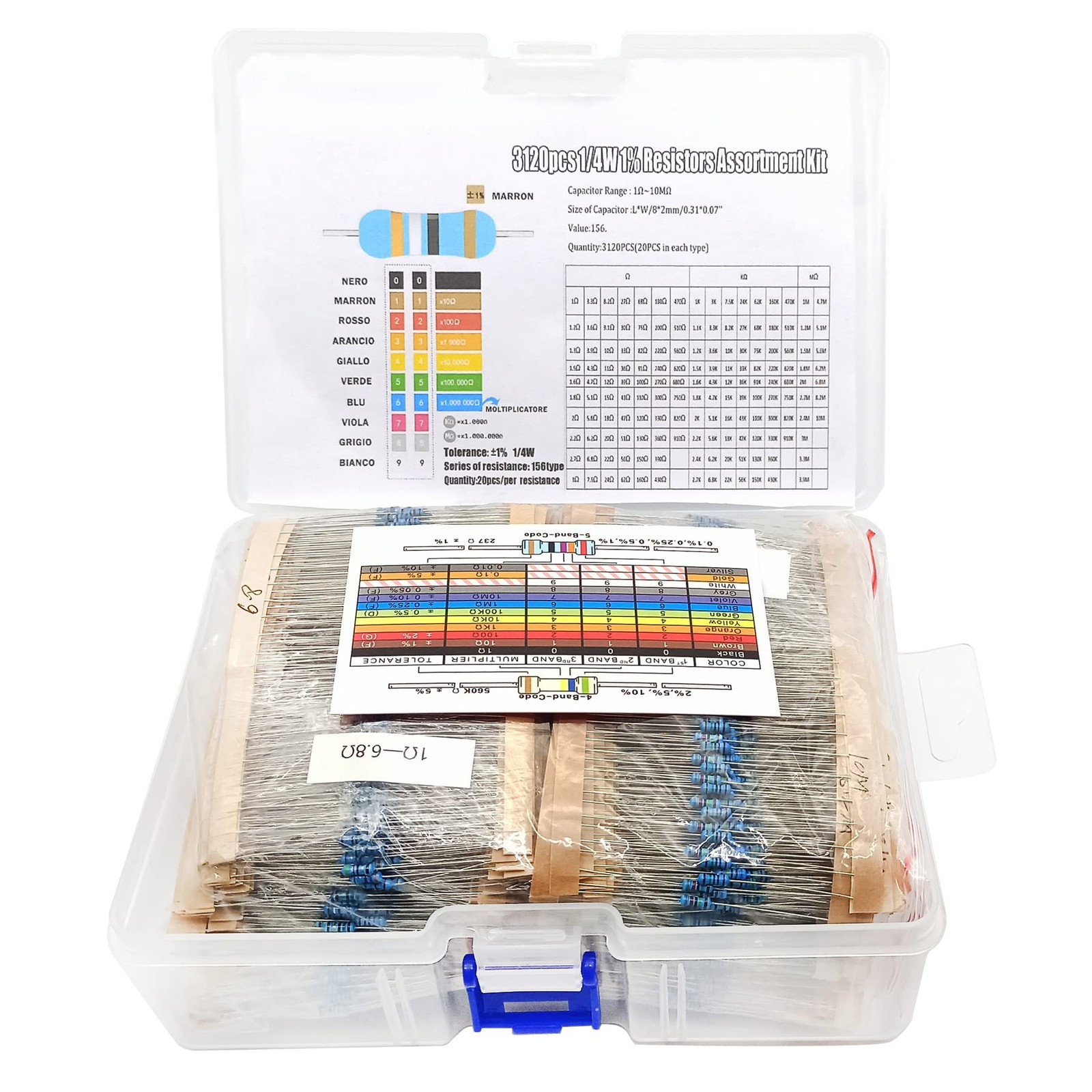 3120pcs 156 Values Metal Film Resistor Kit 1 Ohm-10M Ohm 1/4W 0.25 watt ±1% …