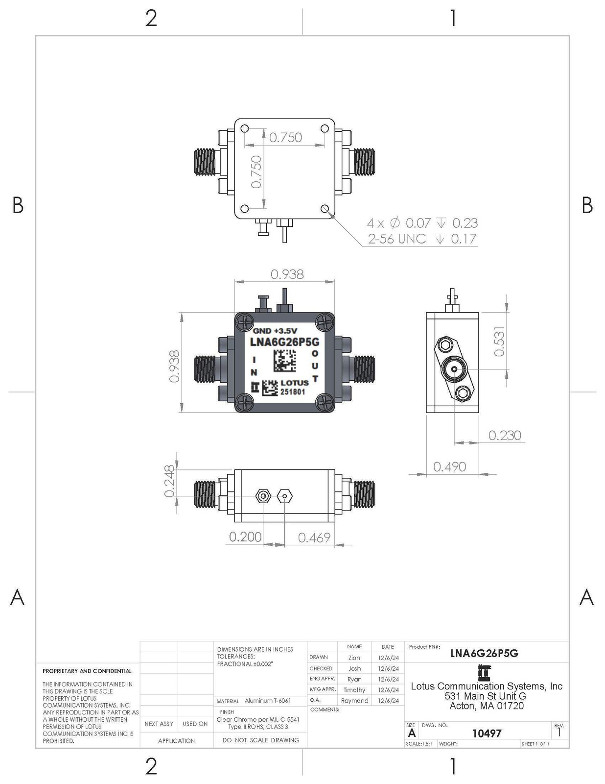 Low Noise Amplifier 2.5dB NF 6 – 26.5 GHz 20dB Gain 10dBm P1dB