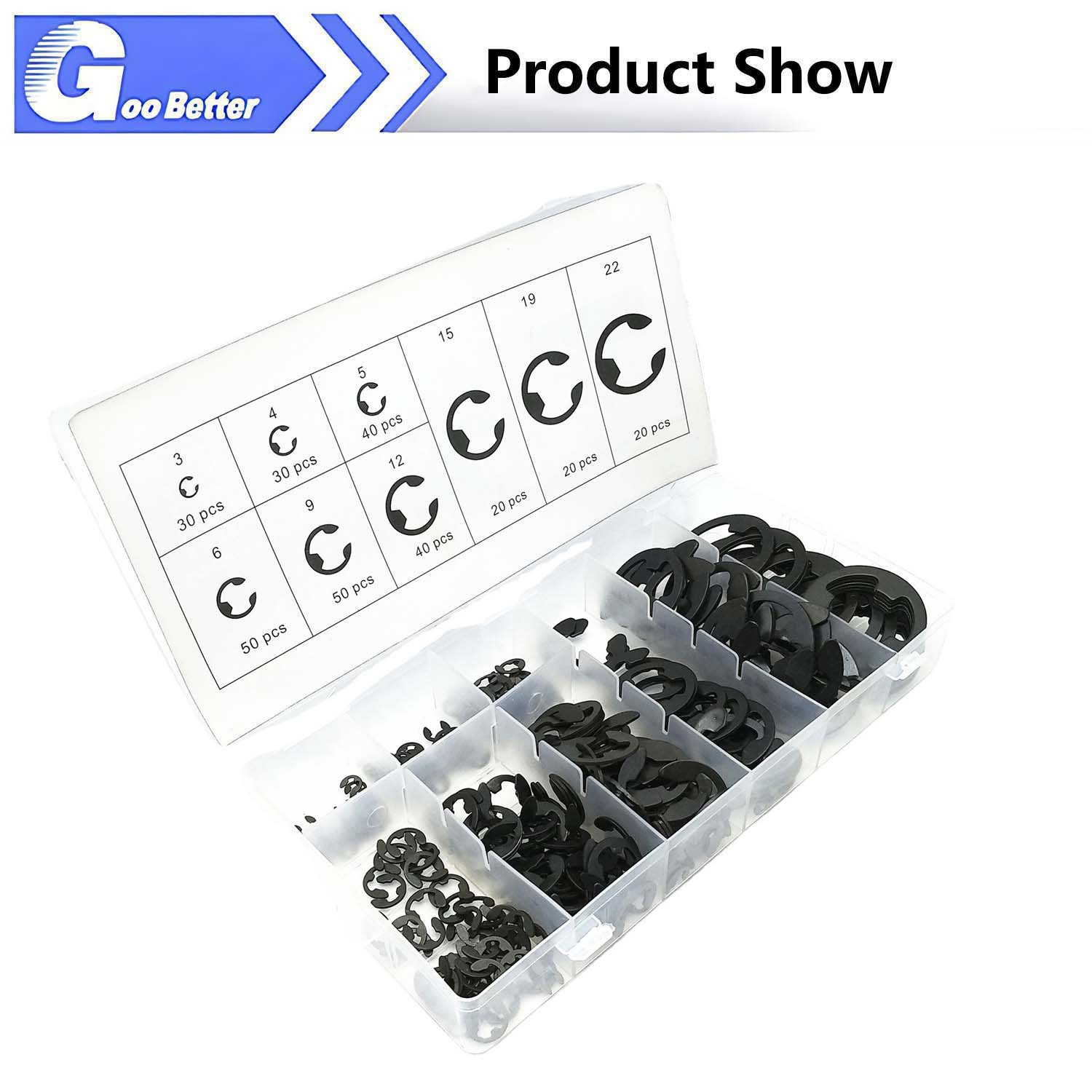 300 Pcs E-Clip Assortment Set Heat Treated High Carbon Circlip Kit 9 SAE Sizes