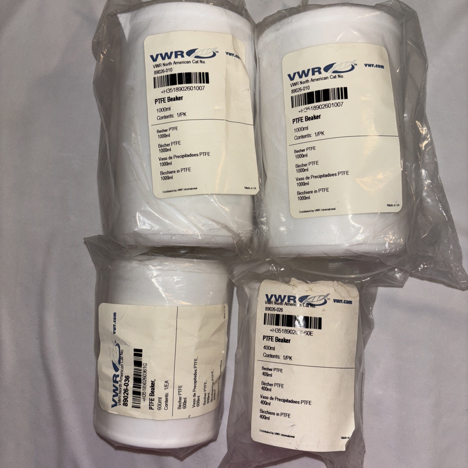 4 Brand New VWR PTFE Teflon Beakers 2-1000ml, 1-600ml, 1-400ml