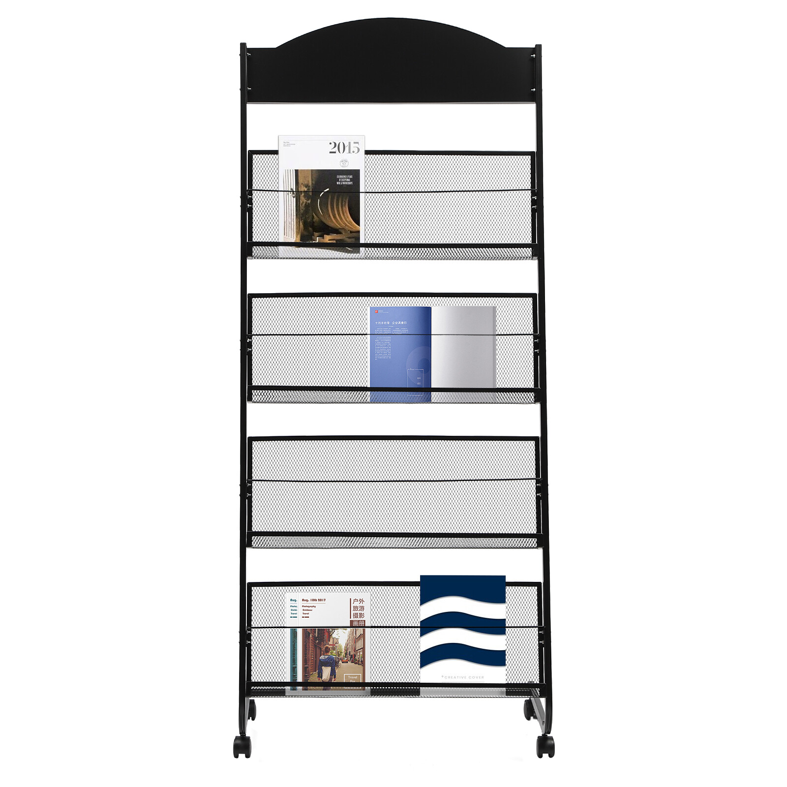 4-Tier Metal Wheeled Magazine Book Rack Newspaper Brochure Storage Display Stand