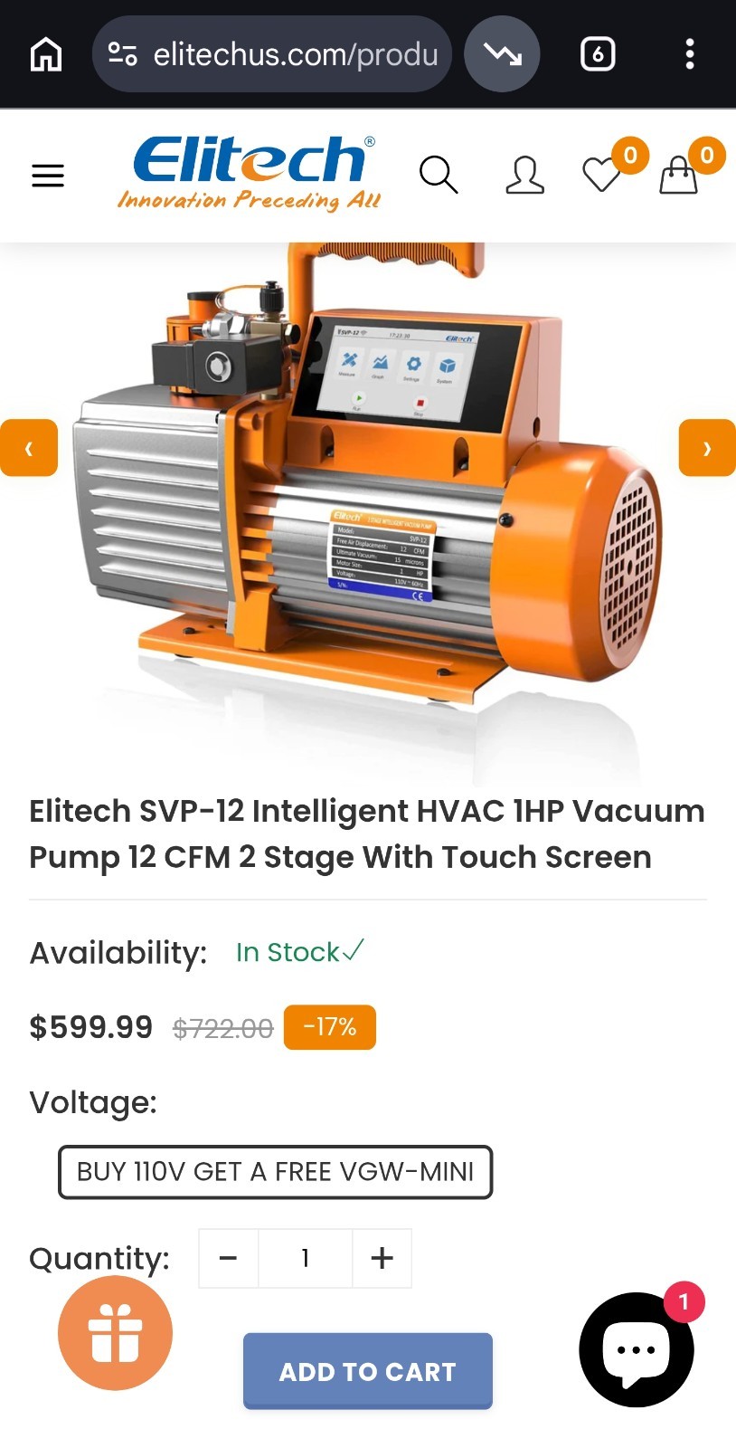 Elitech SVP-12 2-Stage Intelligent Vacuum Pump 12 CFM 1HP 110V 15 Microns