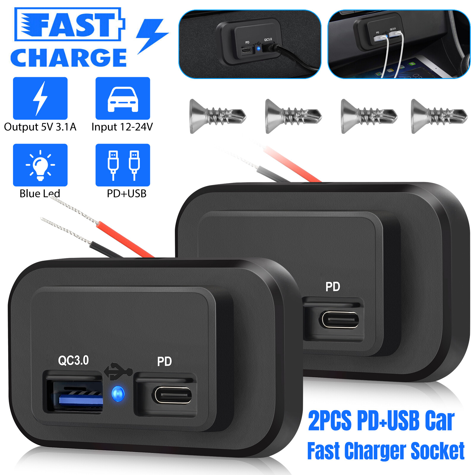 2PCS PD USB Port Car Fast Charger Socket Power Outlet 12V Panel Mount Waterproof