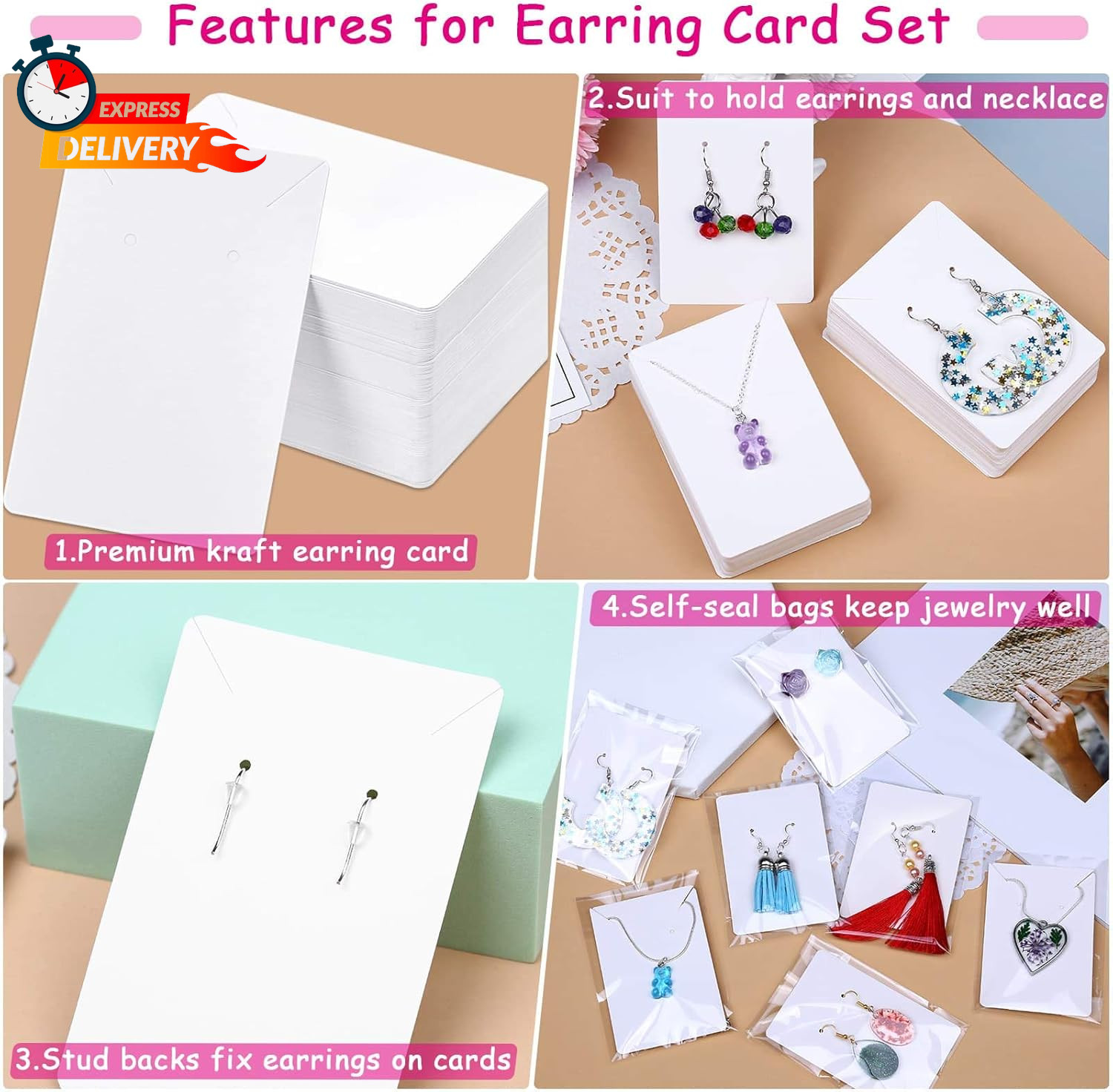 Anezus White Earring Packaging Kit – 400 Pcs with Display Cards, Self-Sealing Ba