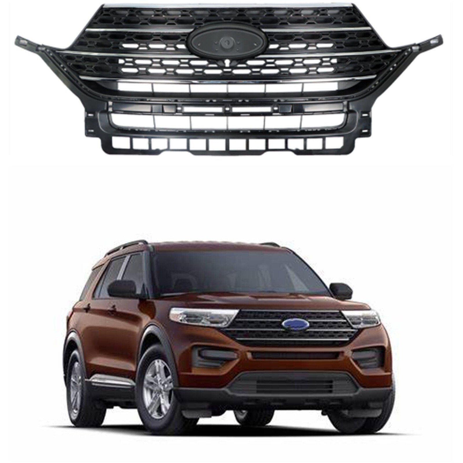 Replacement for Explorer XLT 2020 2021 Front Grille Gloss Black with Chrome