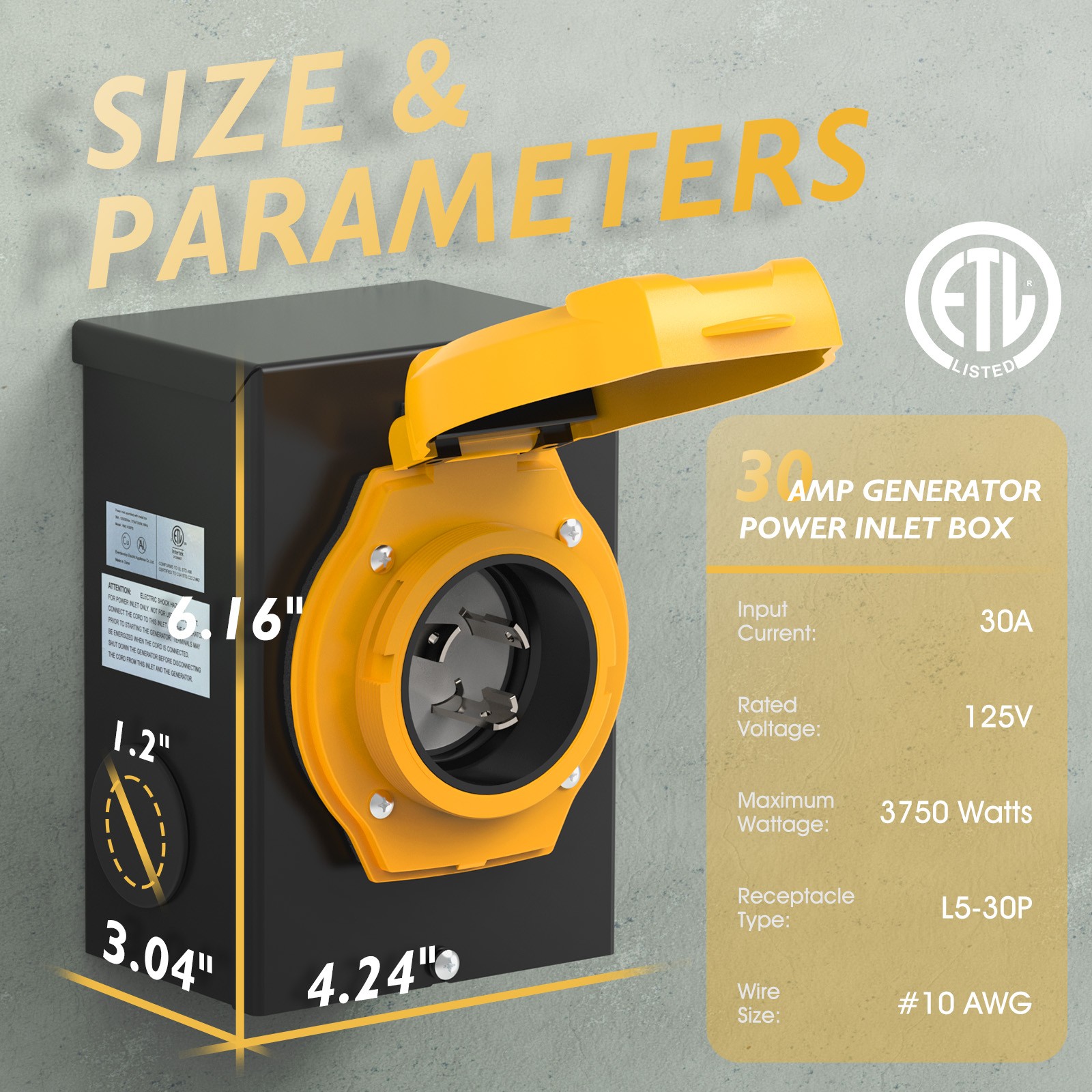 30 Amp Generator/Power Inlet Box 125 Volt, L5-30P 3 Prong with Light Indication