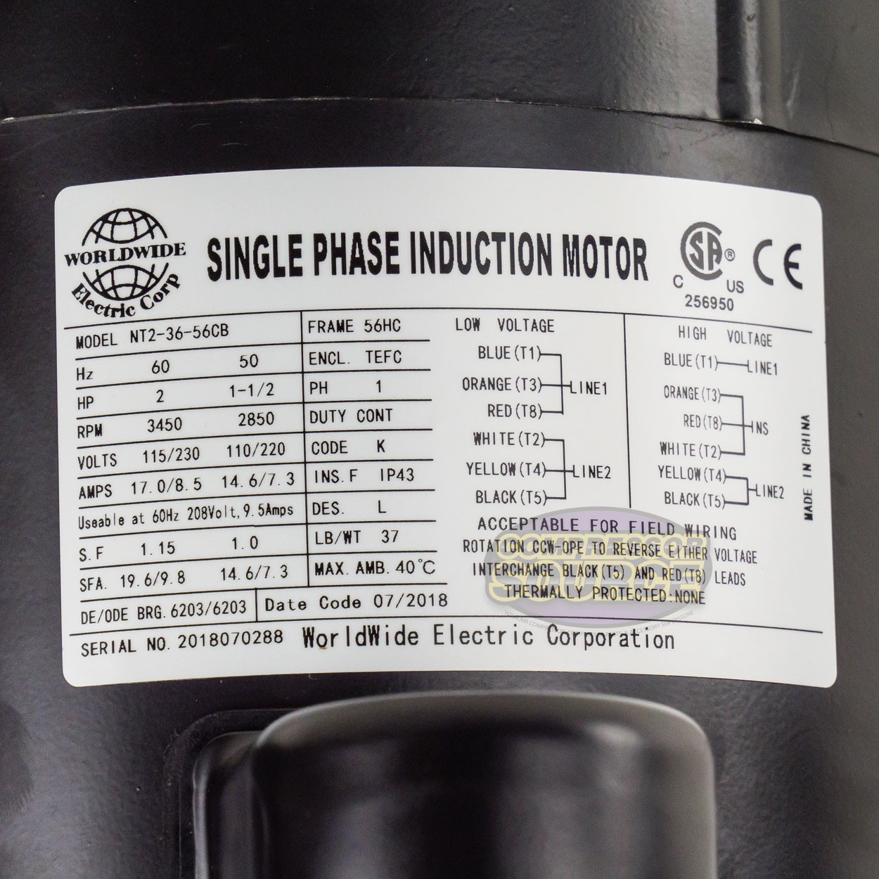 2 HP Electric Motor Single Phase 56H Frame 3450 RPM TEFC 115 / 230V C Face