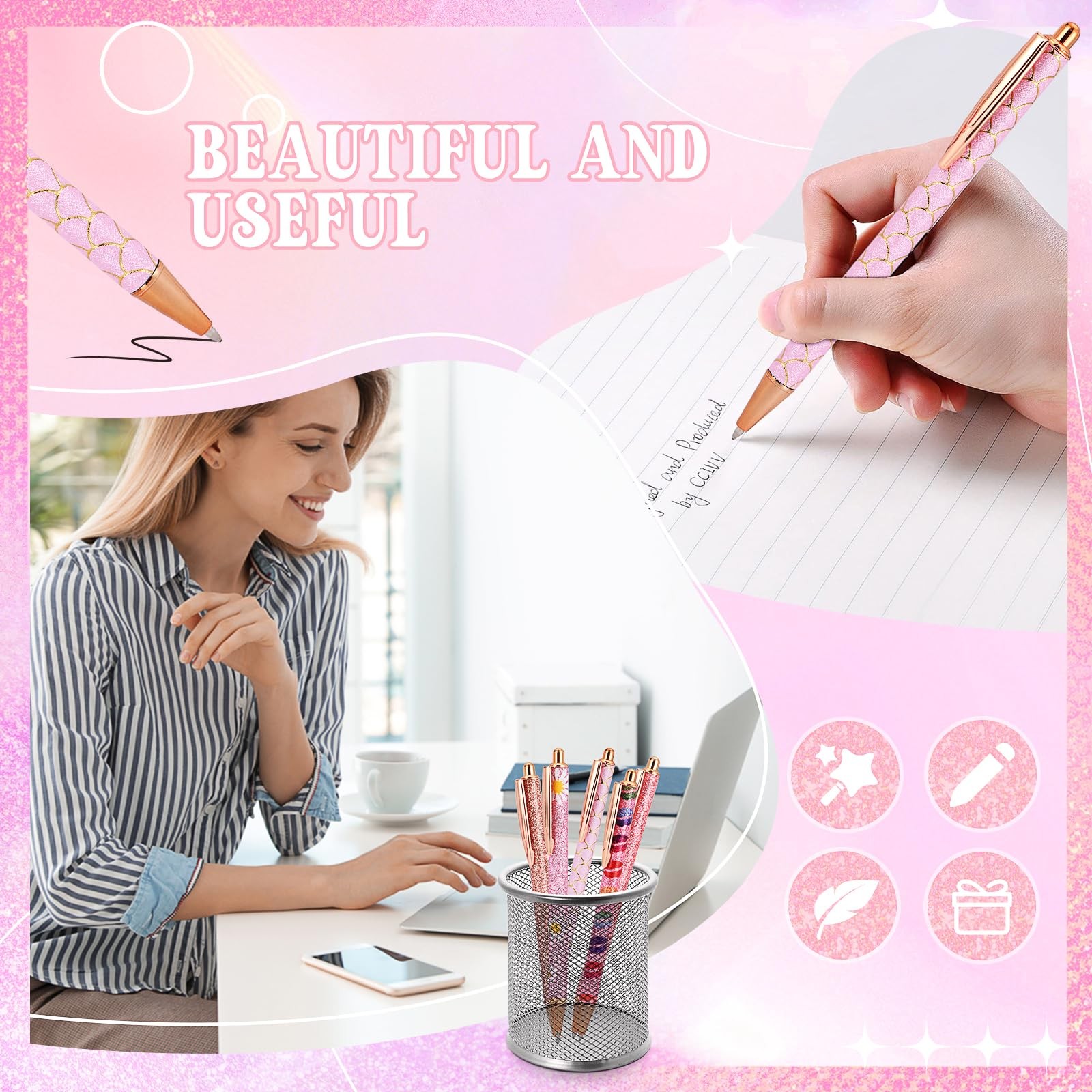 8 Pcs Pink Sparkly Pens for Women – Cute Glitter Ballpoint Pens with 10 Refil…