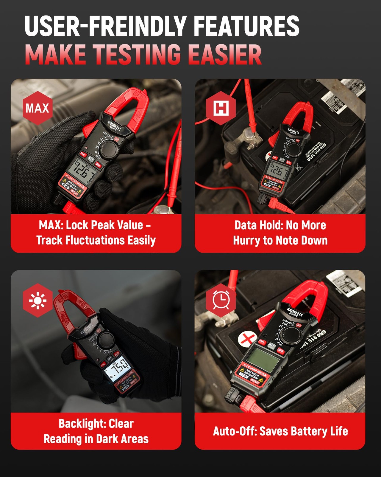 Digital Clamp Meter 400A AC Current, 600V AC/DC Voltage, Auto Ranging Multimeter