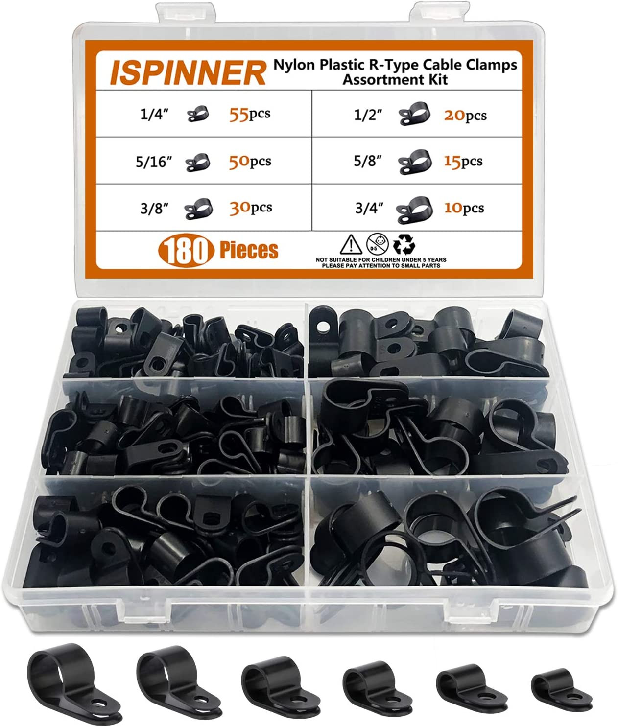 180Pc Nylon Plastic R-Type Cable Clamps Clips Fasteners Assortment Kit for Cable