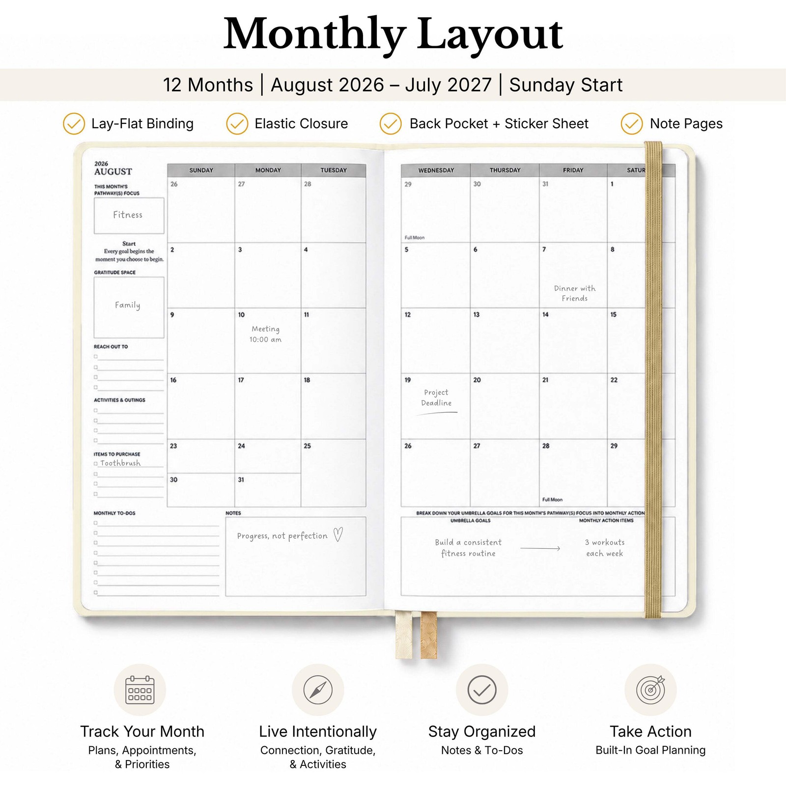 2026-2027 Mid-Year Monthly Weekly Softbound Planner August Start Agenda