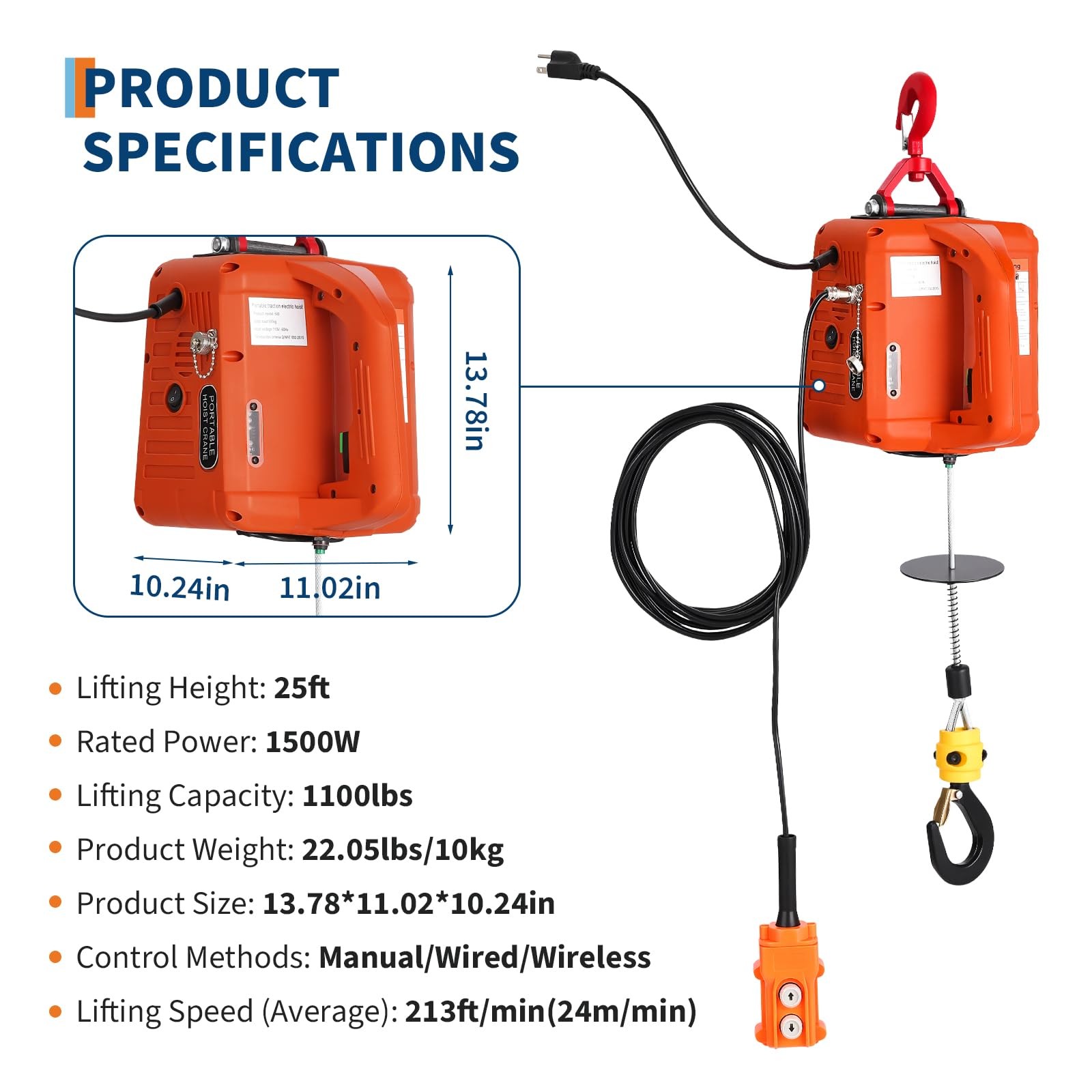 3-in-1 Electric Winch 1100 lbs Capacity, 1500W 120V Power, 25ft Lift Hoist