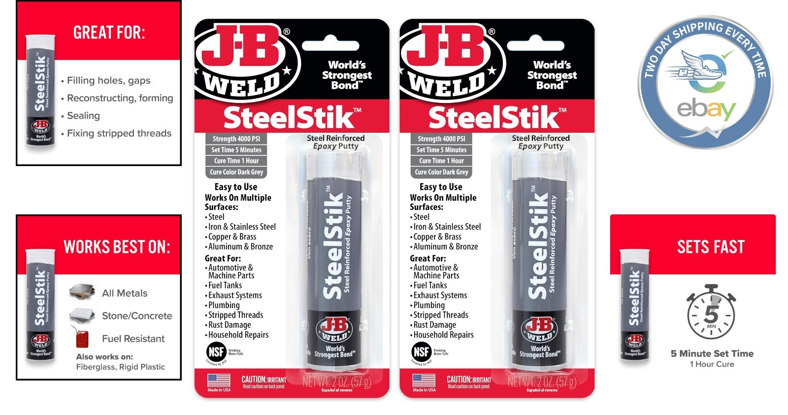 Steel-Reinforced Epoxy Putty Stick, Waterproof & Fast Drying – 2 Pack, 2 Oz.