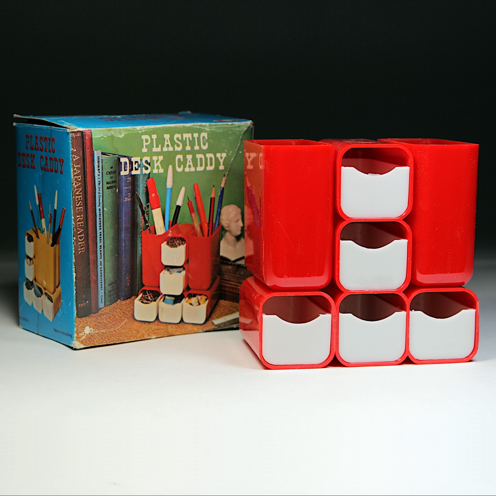 Vintage 1970s Retro VOH Red Plastic Desk Caddy UNUSED in Box No. 7602B Hong Kong