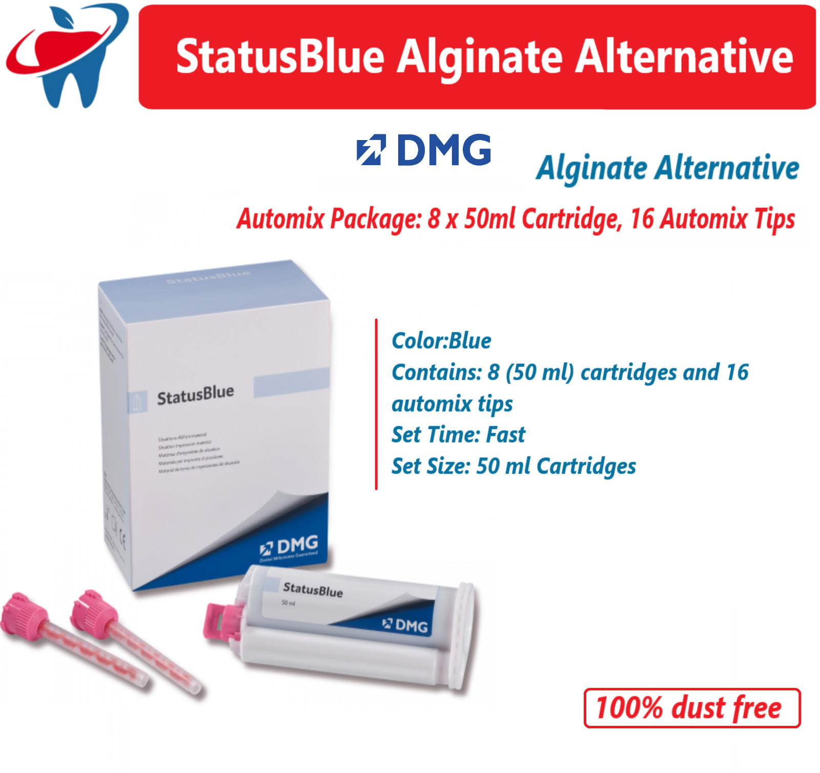DMG StatusBlue Automix Dental Alginate Alternative Fast Set Cartridges 8/Pk 50ml