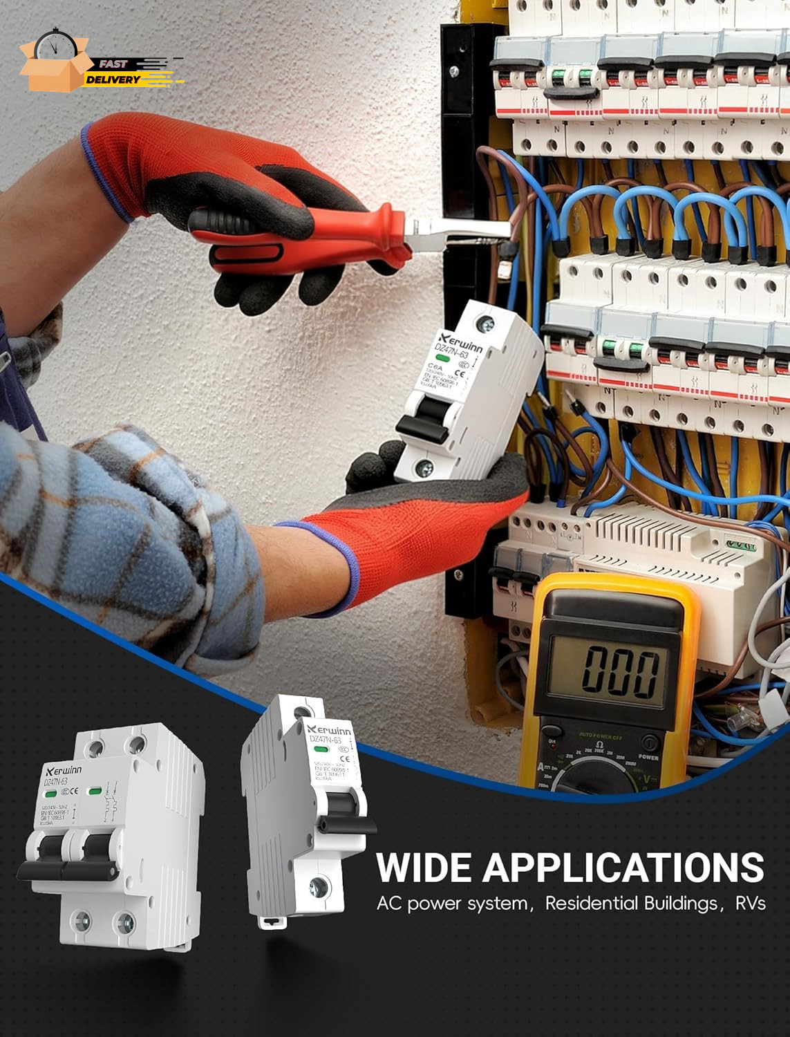 AC Miniature Circuit Breaker 2 Pole 50A (MCB),120V/240V 50/60Hz DIN Rail Mount