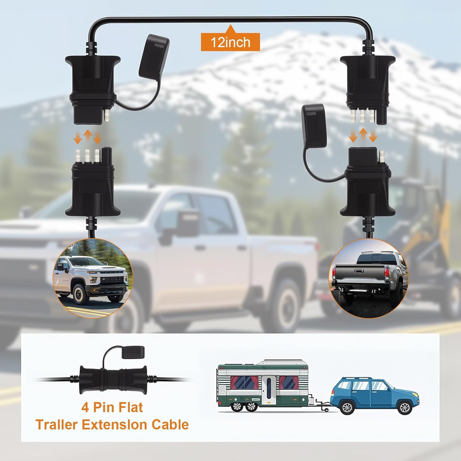 4-Pin Flat Trailer Extension Cable 12 Inch, Heavy Duty 16AWG Copper 4 Way Wiring