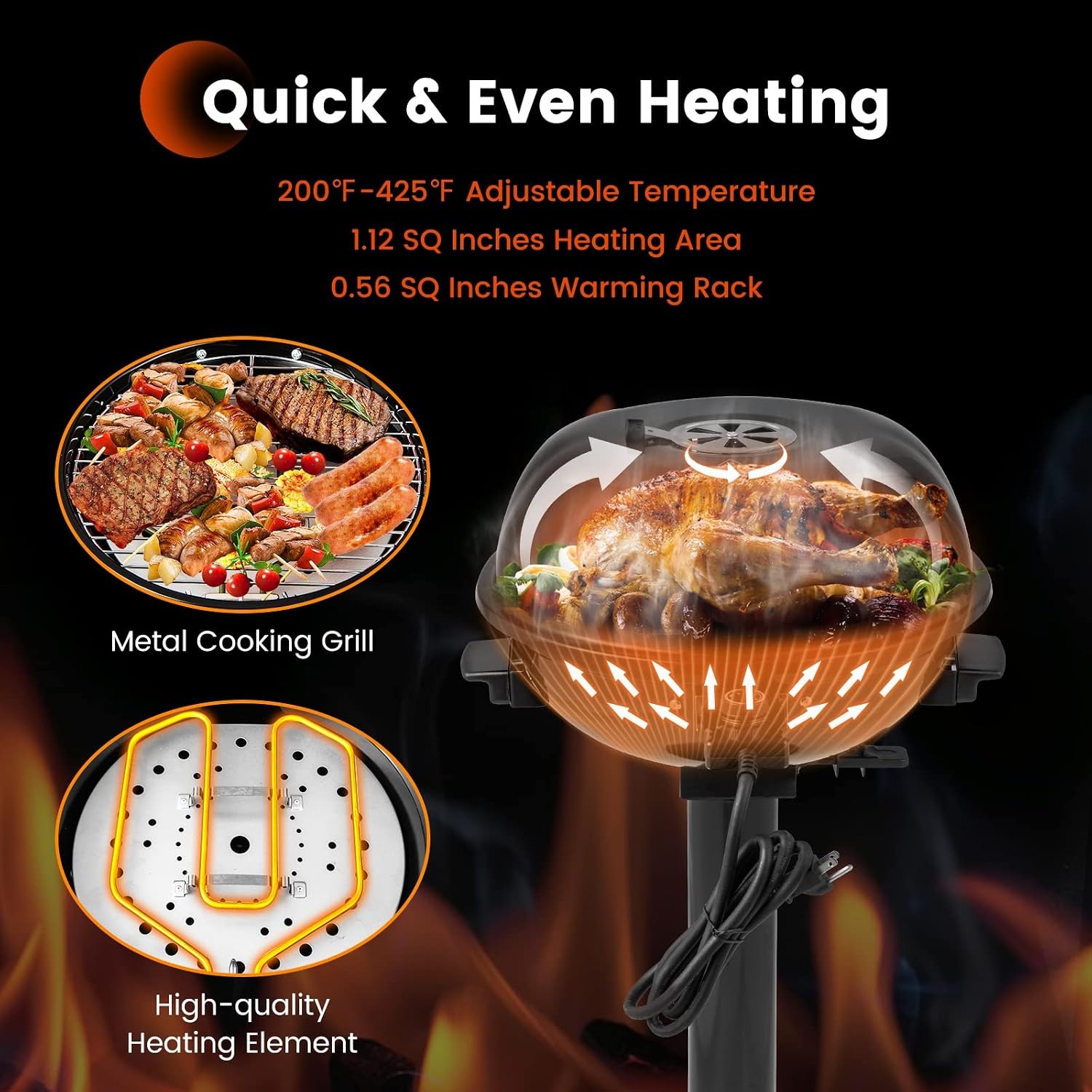 Outdoor Electric Grill 1600W,Stand BBQ Grill w/Warming Rack for 15-Serving,Adjus