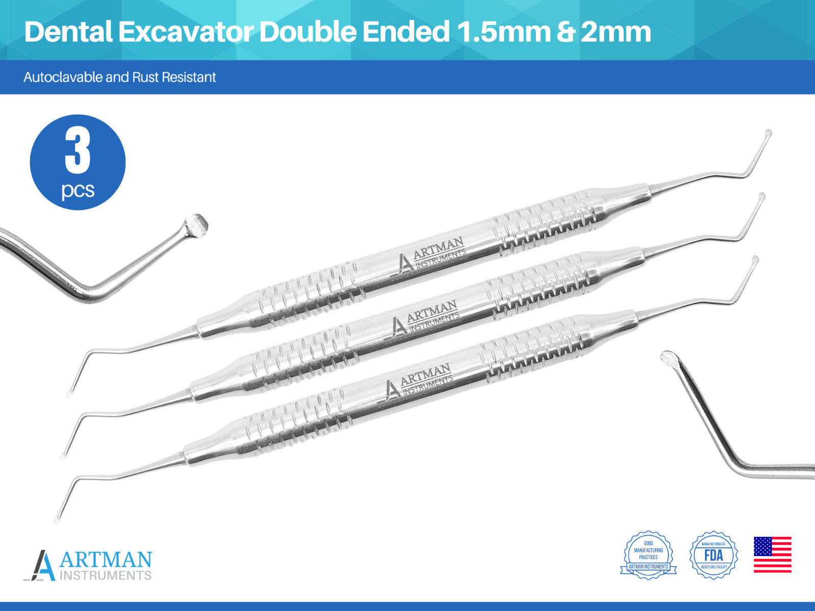 Dental Excavator Double Ended 1.5mm & 2mm Set of 3 Restorative Endodontic ARTMAN