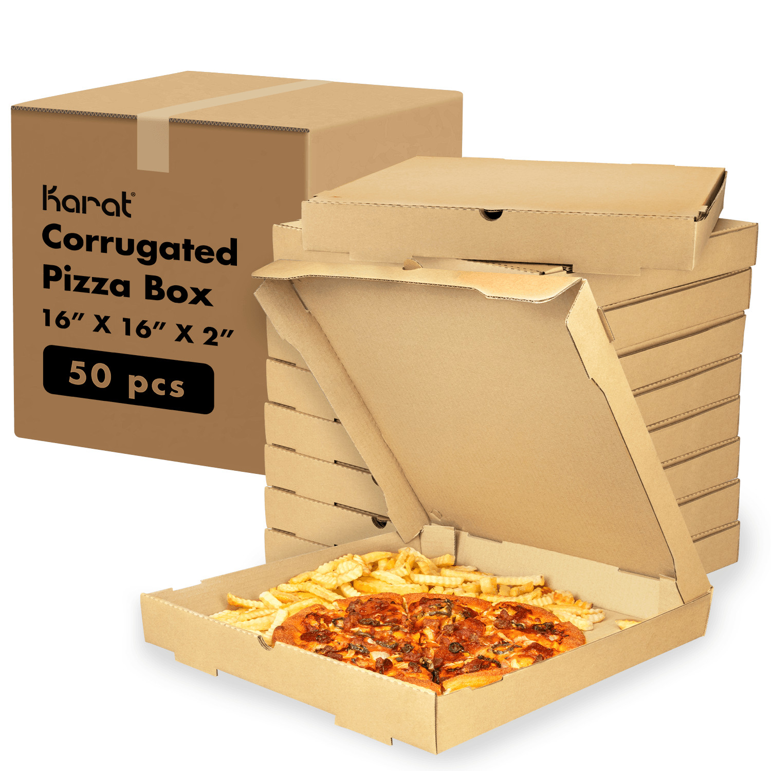 Karat Corrugated Pizza Box, 16”x16”x2”, Kraft – 50 pcs, FP-PBF16K