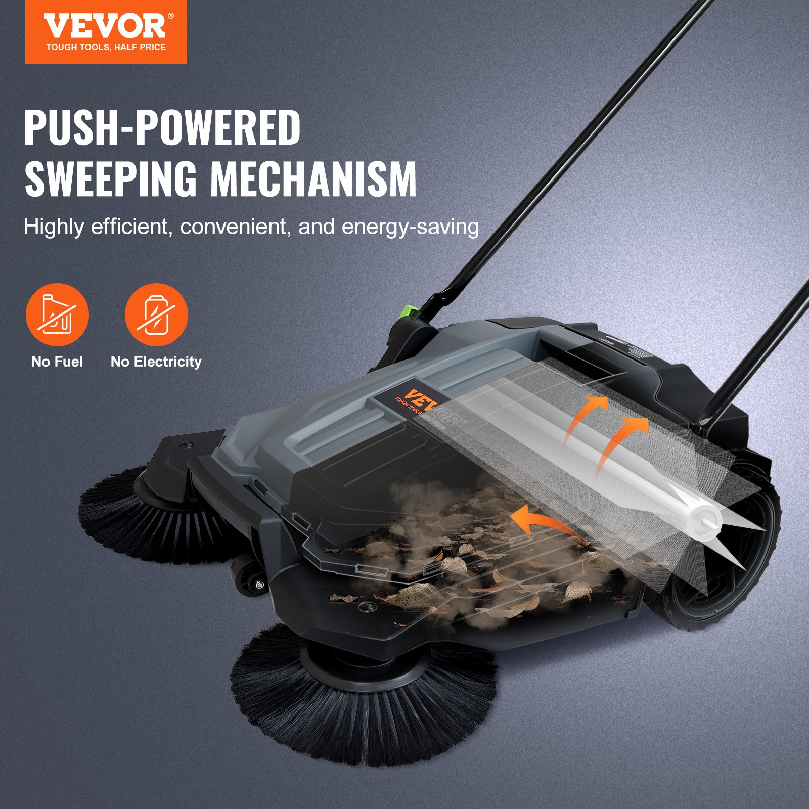 VEVOR Walk-behind Hand Push Floor Sweeper 25.6″ Width 5 Gallon Waste Container
