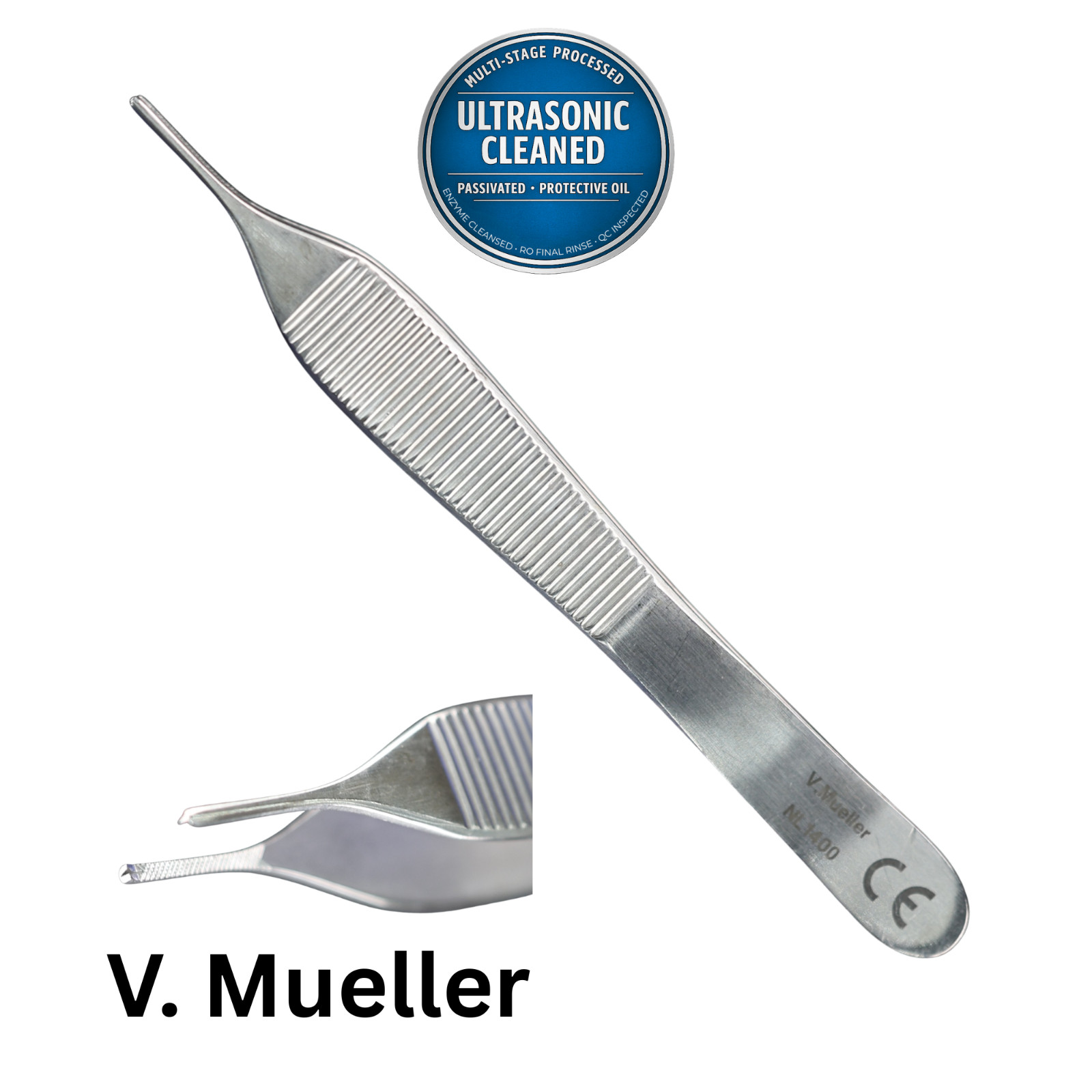 V Mueller NL1400 Adson Forceps, 1×2 Teeth, Serrated, Delicate, 4.75″