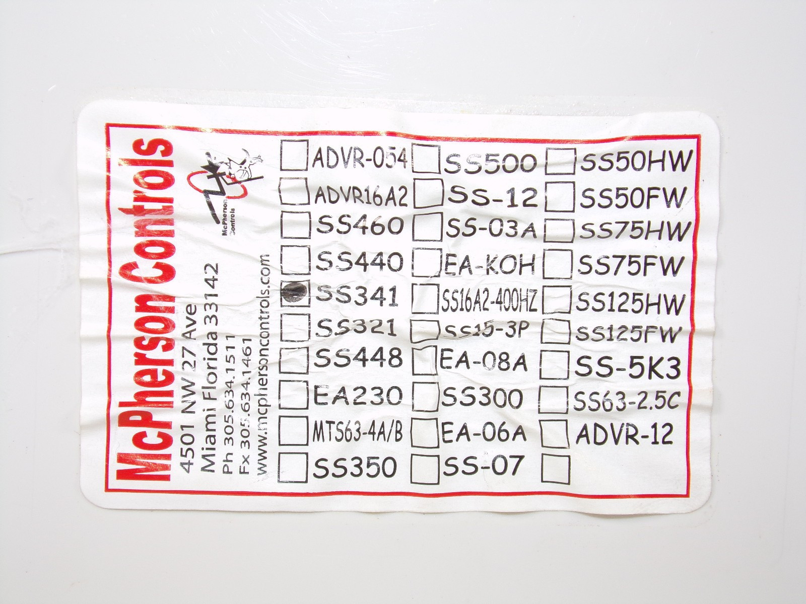 Mcpherson Controls SS341 Self Excited Automatic Voltage Regulator