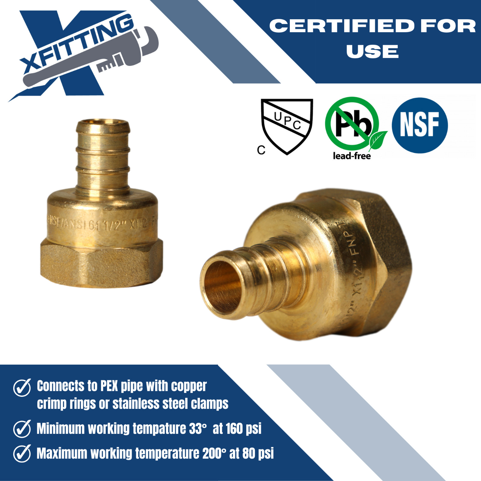 (25) 1/2″ PEX X 1/2″ FEMALE NPT THREADED ADAPTER BRASS CRIMP FITTING – LEAD FREE