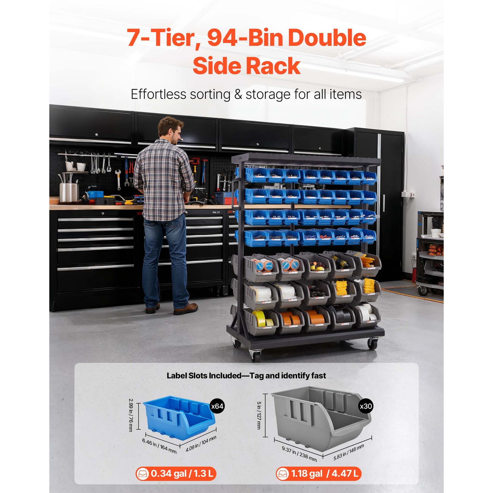 Uimoso Double-Sided Rolling Storage Rack with 7 Tiers and 94 Bins