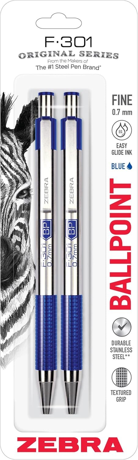 F-301 Ballpoint Blue Ink Fine Point 0.7mm Pen, Easy-Glide Ink, Stainless Steel
