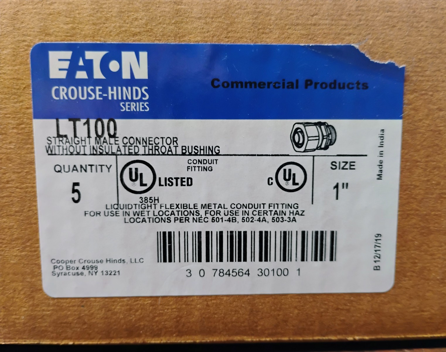 EATON LT100 1″ LIQUID-TIGHT STRAIGHT CONNECTORS MALLEABLE IRON NEW BOX OF 5 EACH