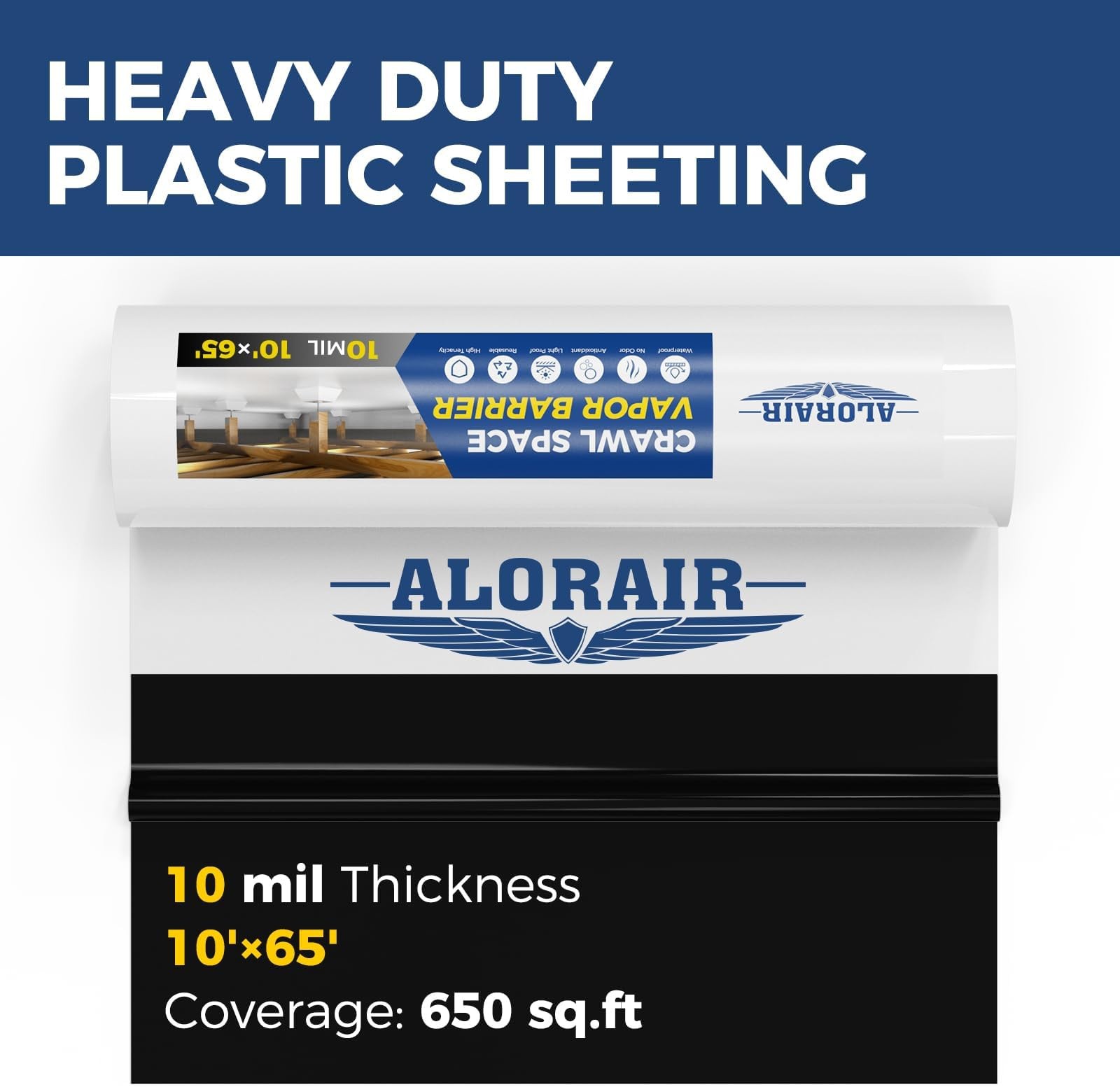 ALORAIR 10 mil Vapor Barrier for Crawl Space – 10′ x 65′ Heavy-Duty Plastic S…